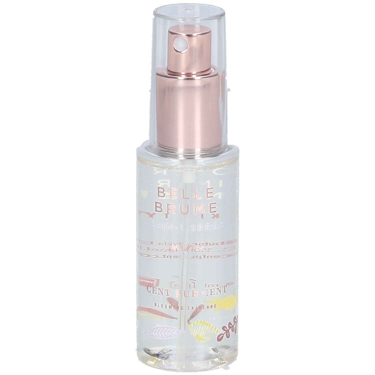 Vaporisateur transparent avec pompe rose et capuchon transparent. Inscription: Belle Brume, Cent Pur Cent.