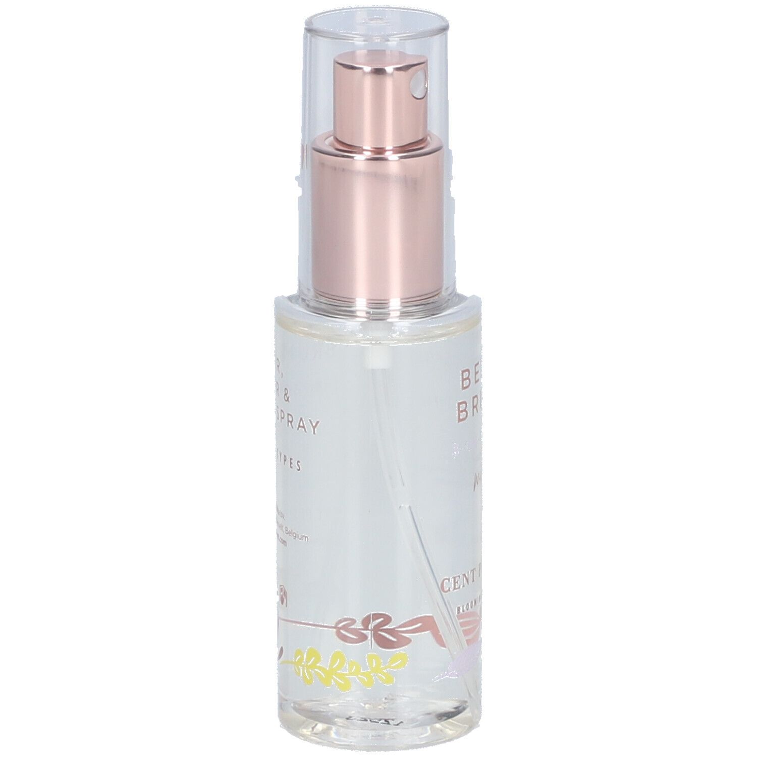 Vaporisateur transparent avec pompe rose et capuchon transparent. Inscription: Belle Brume, Cent Pur Cent.