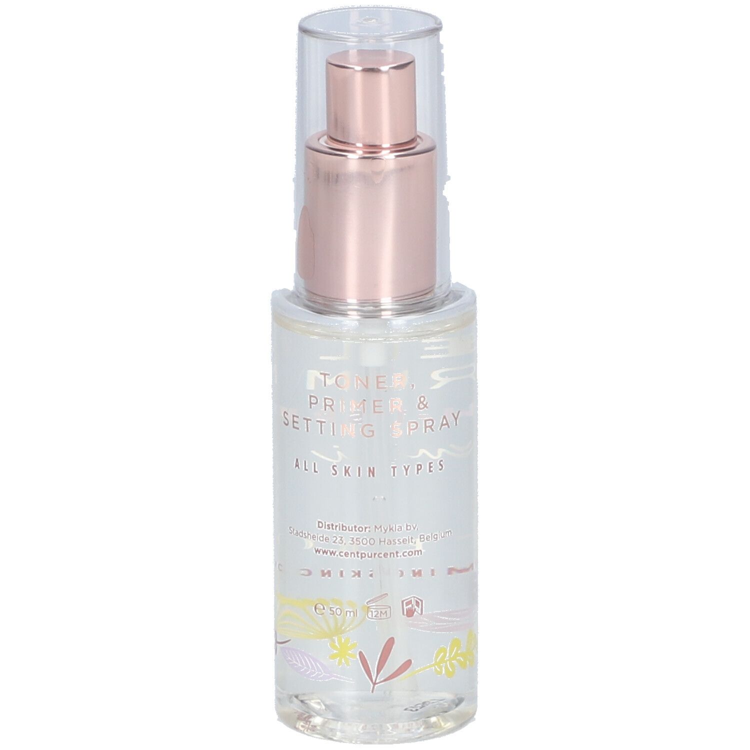 Vaporisateur transparent avec pompe rose et capuchon transparent. Inscription: Toner Primer & Setting Spray, Cent Pur Cent.