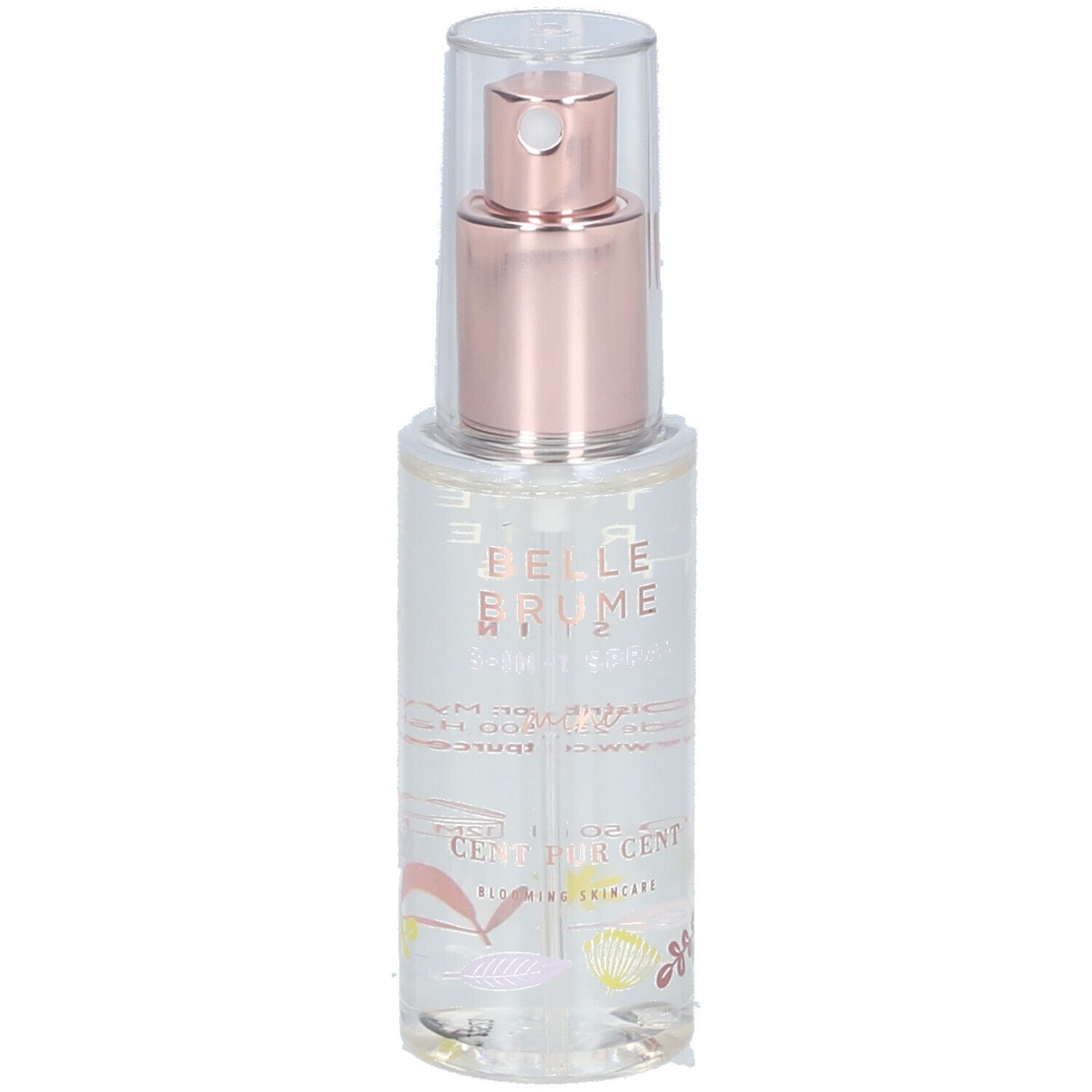 Vaporisateur transparent avec pompe rose et capuchon transparent. Inscription: Belle Brume, Cent Pur Cent.