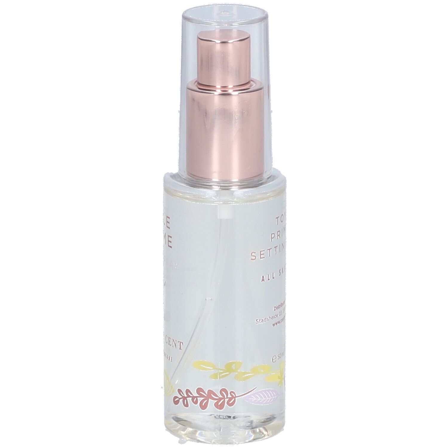 Vaporisateur transparent avec pompe rose et capuchon transparent. Inscription: Toner Primer & Setting Spray, Cent Pur Cent.