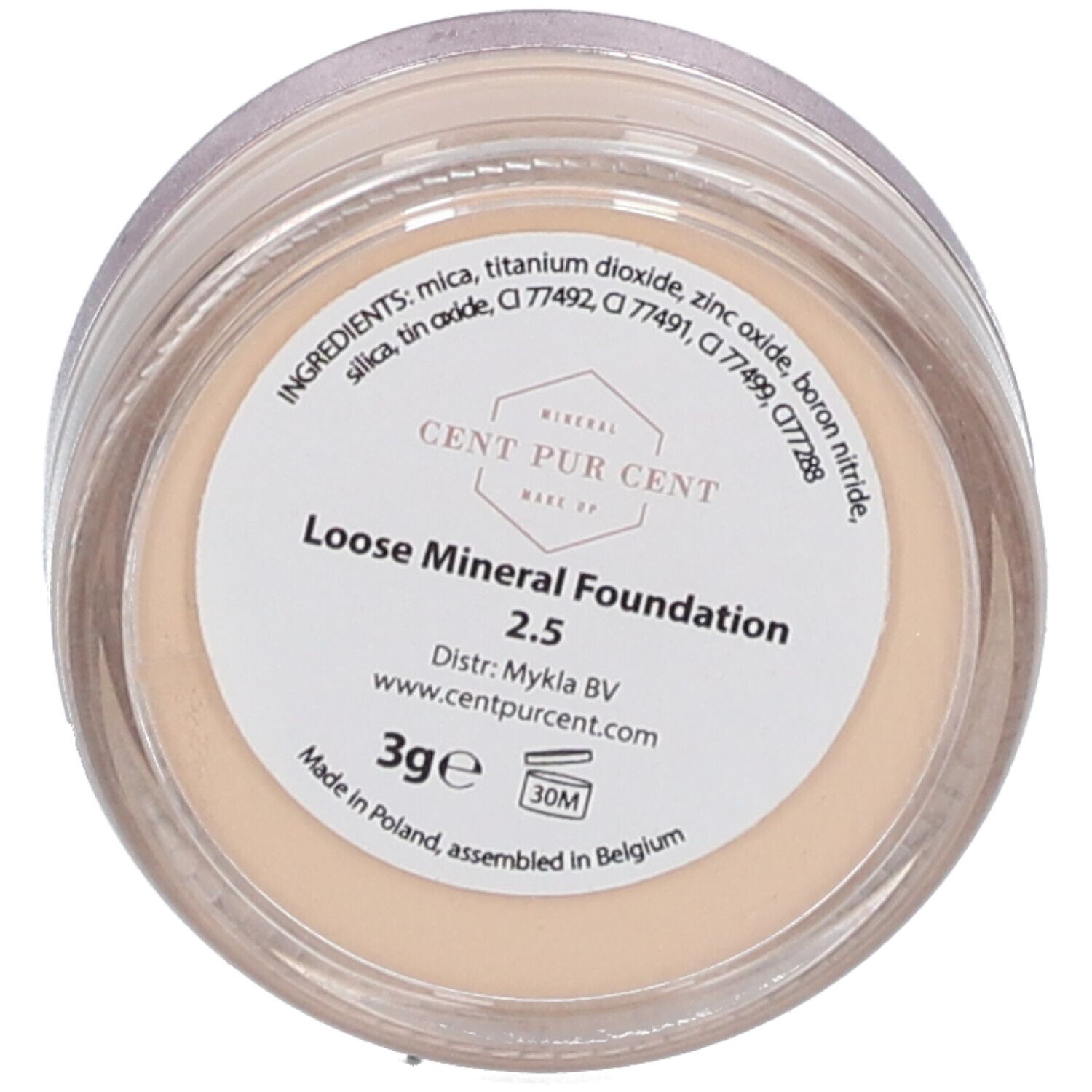 Fond de teint minéral Cent Pur Cent Mini Loose 2.5 en pot transparent. Étiquette avec informations et ingrédients du produit.
