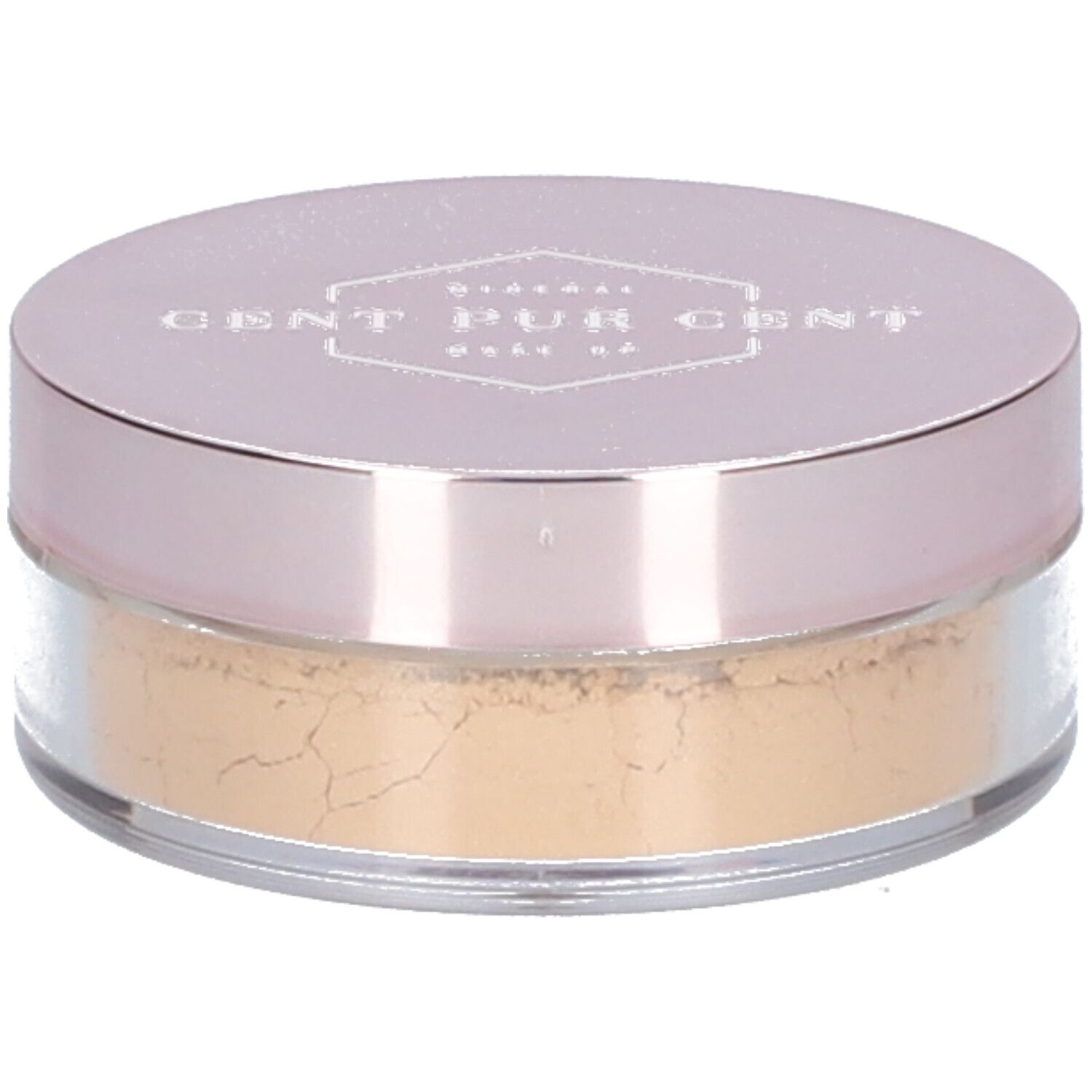 Pot rond de maquillage minéral. Couvercle avec inscription CENT PUR CENT. Contenu beige clair.