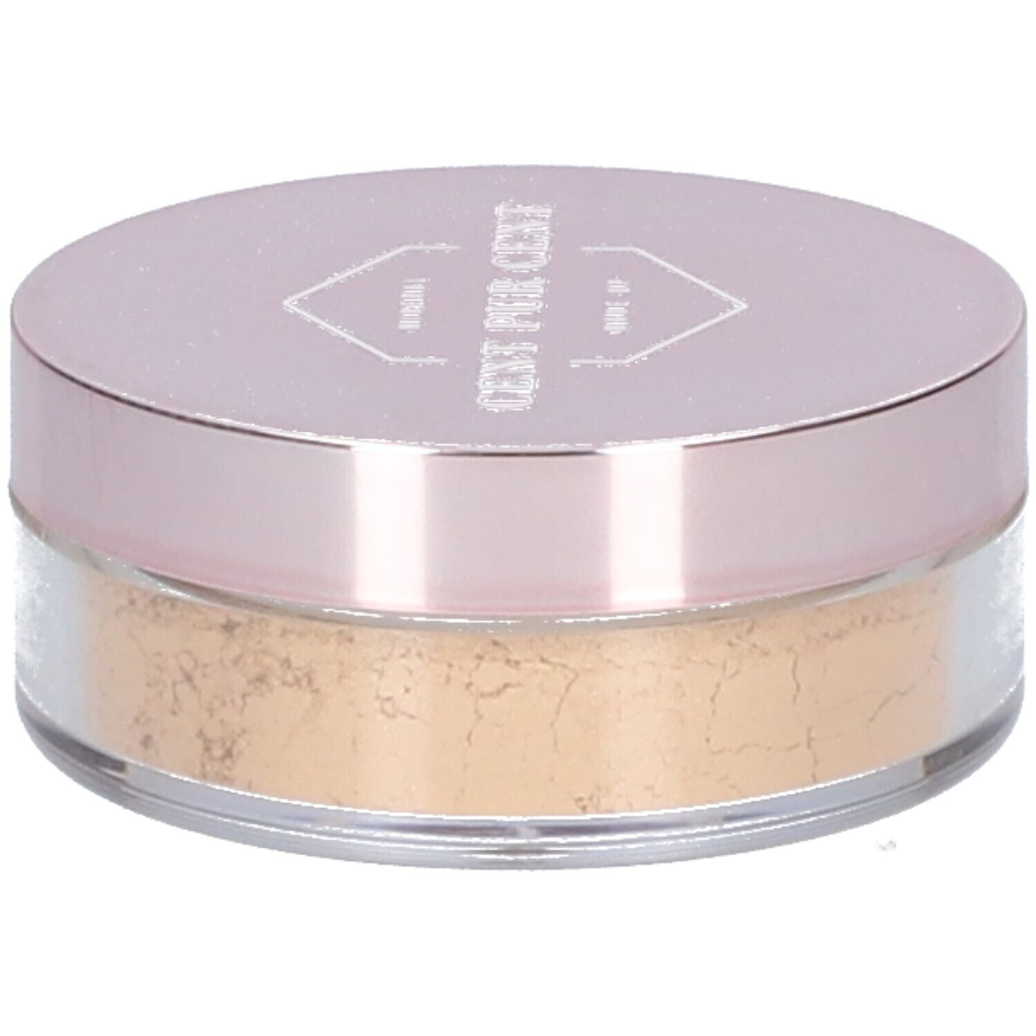 Pot rond de maquillage minéral. Couvercle avec inscription CENT PUR CENT. Contenu beige clair.