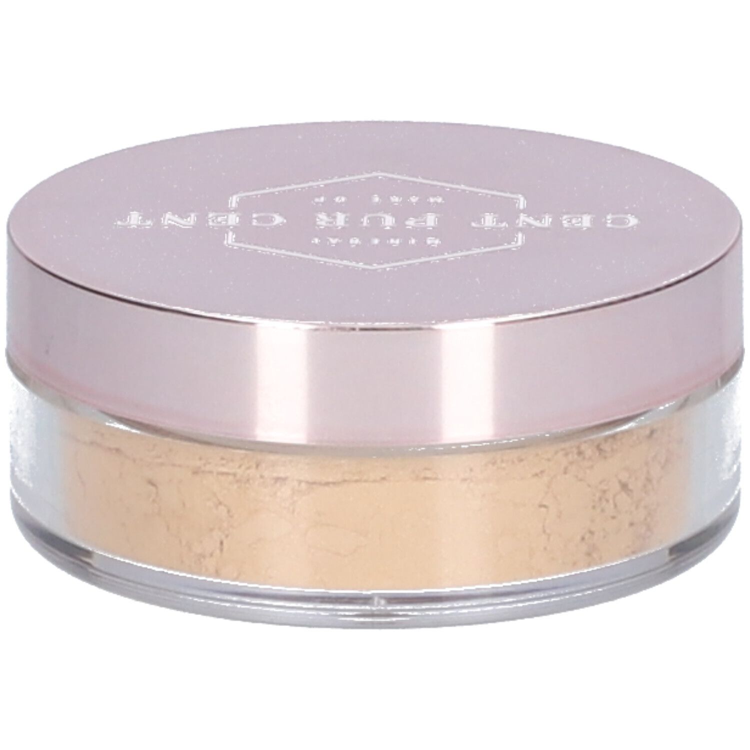 Pot rond de maquillage minéral. Couvercle avec inscription CENT PUR CENT. Contenu beige clair.