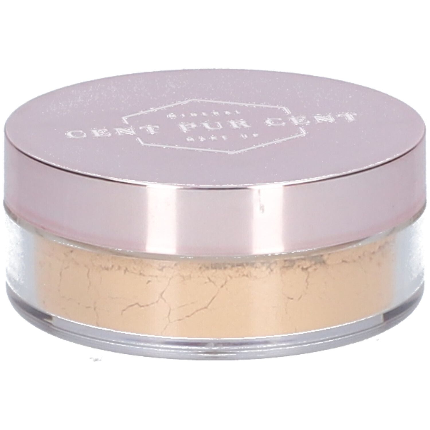 Pot rond de maquillage minéral. Couvercle avec inscription CENT PUR CENT. Contenu beige clair.