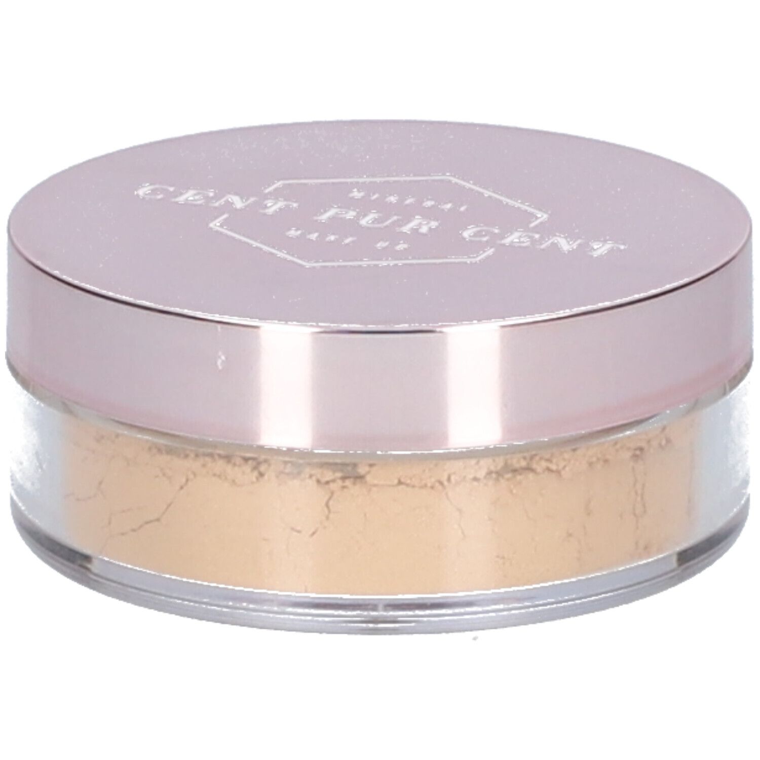 Pot rond de maquillage minéral. Couvercle avec inscription CENT PUR CENT. Contenu beige clair.