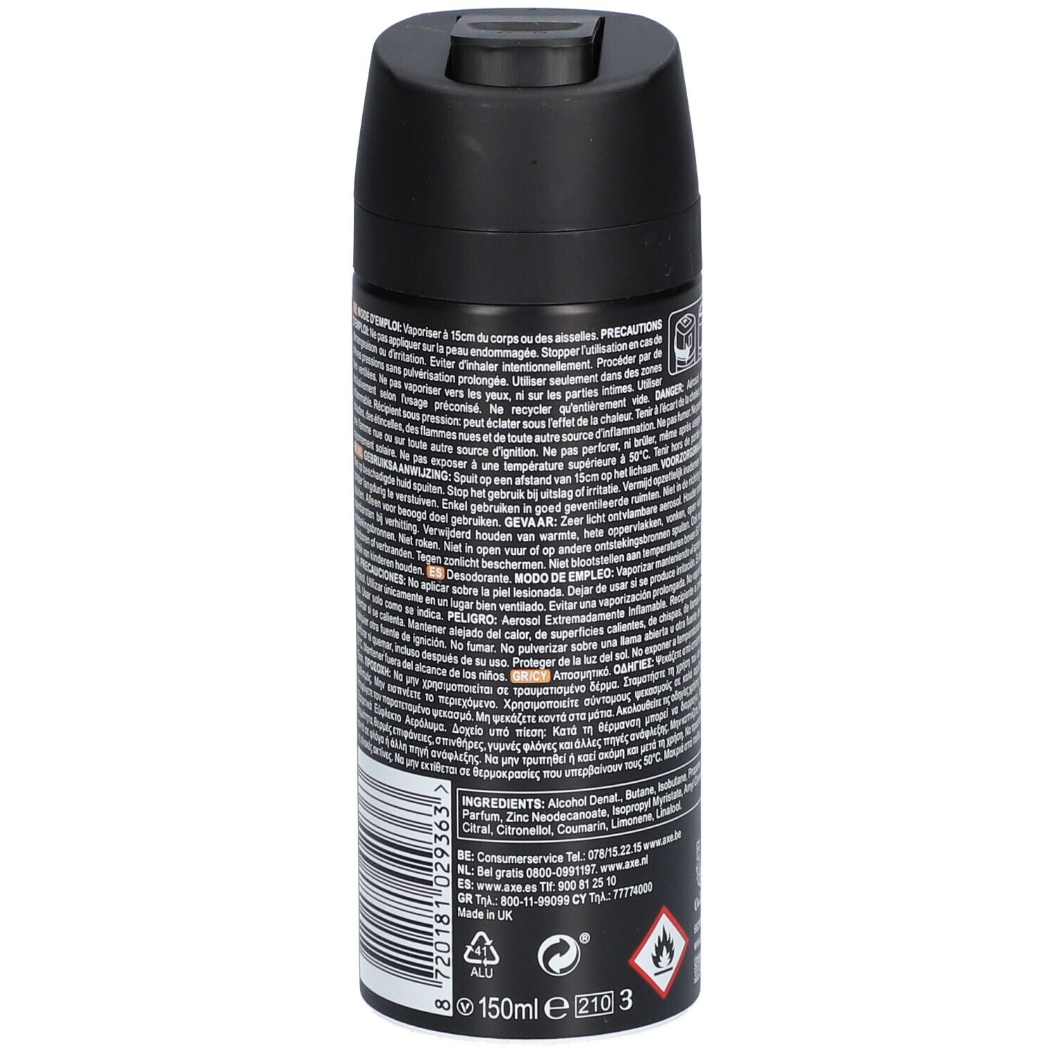 Bombe de déodorant noire. Inscriptions, ingrédients et avertissements. 150ml.