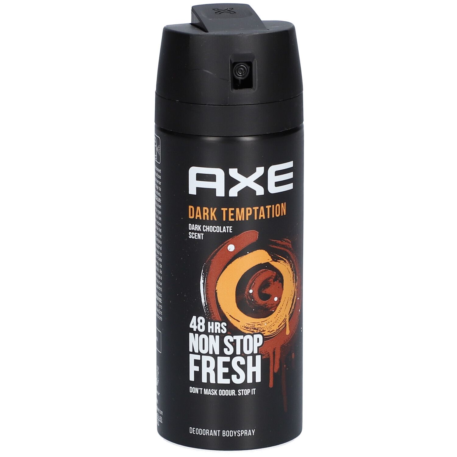 Bombe de déodorant noire AXE Dark Temptation. Parfum chocolat noir. Inscription "48 hrs Non Stop Fresh".