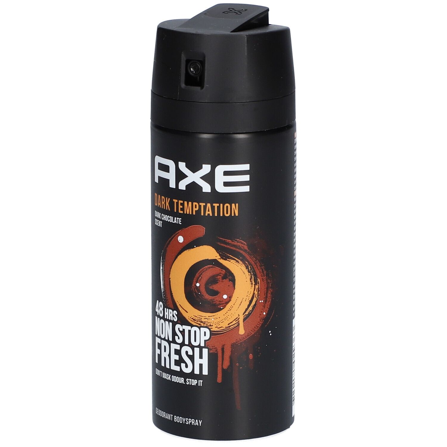 Bombe de déodorant noire AXE Dark Temptation. Parfum chocolat noir. Inscription "48 hrs Non Stop Fresh".