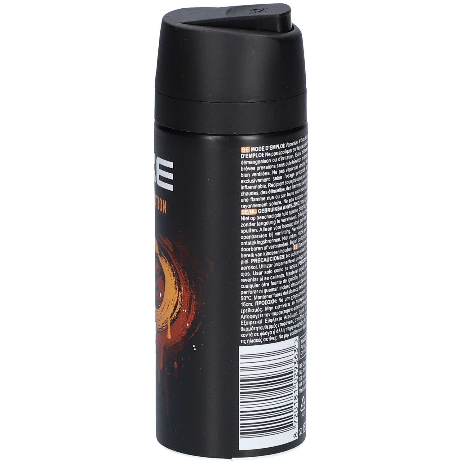 Bombe de déodorant noire. Inscriptions et avertissements. Informations d'utilisation.