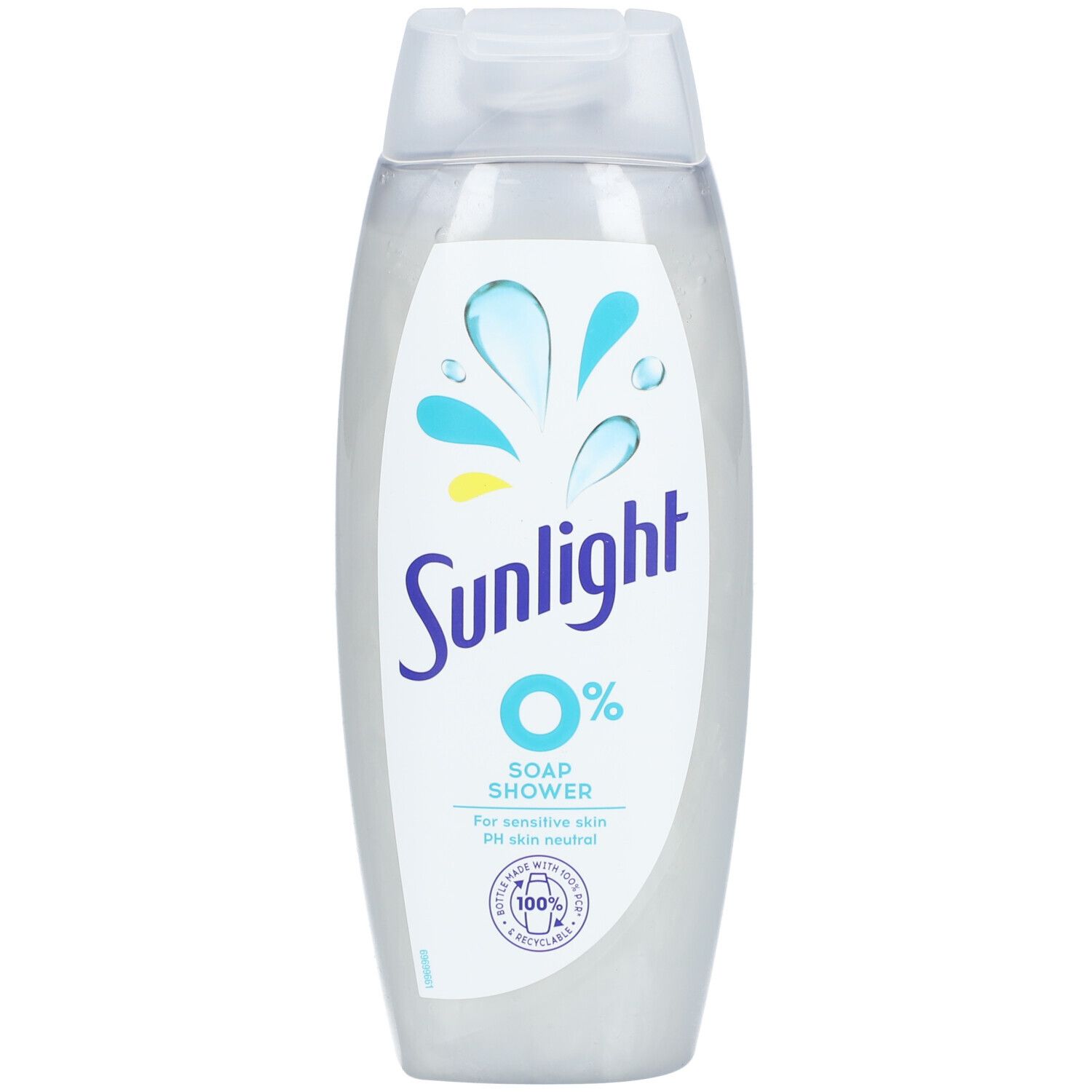 Flacon de gel douche Sunlight 0%. Bouteille blanc-transparent avec logo bleu et jaune. "0%" et "Soap Shower" visibles.