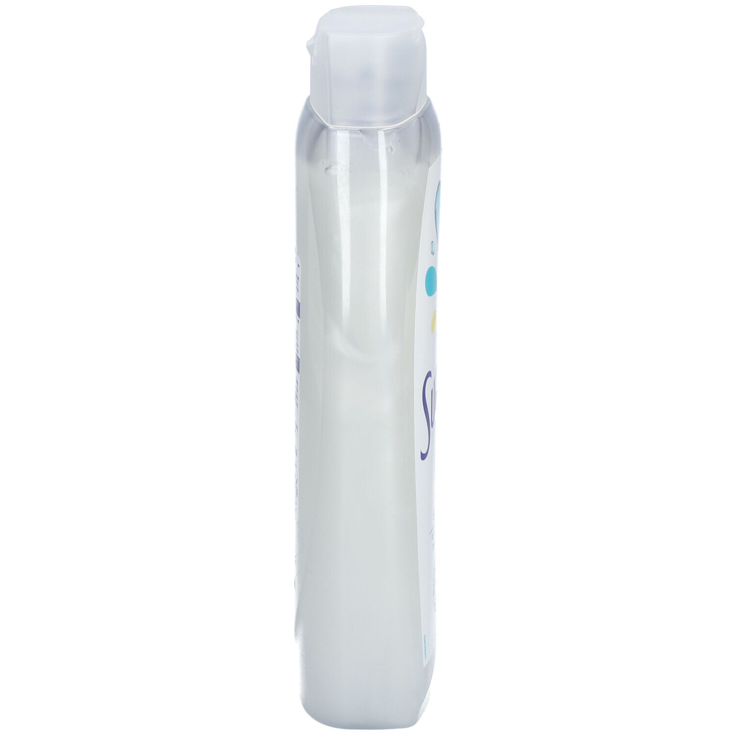 Vue latérale du flacon de gel douche Sunlight 0%. Bouteille transparente et allongée avec bouchon blanc. Étiquette avec texte.