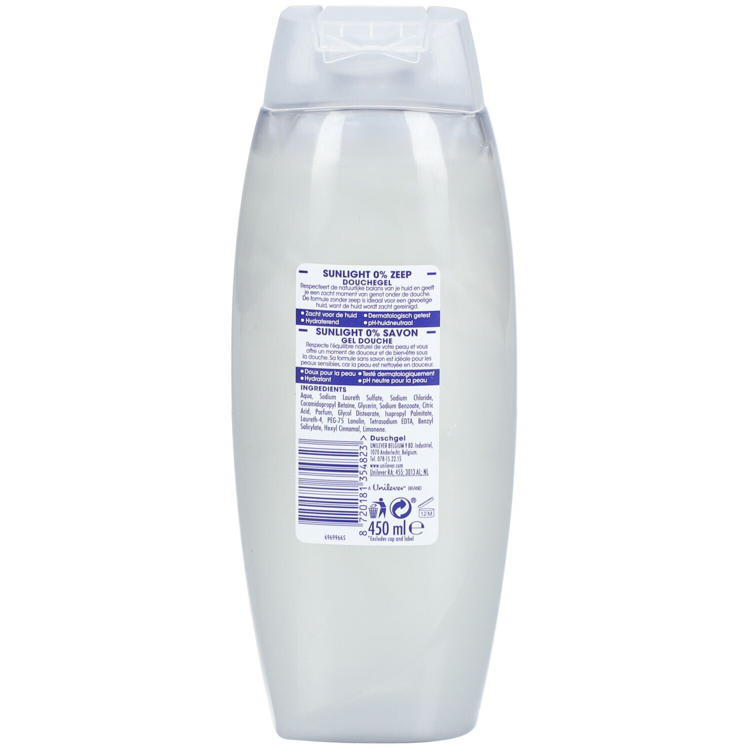 Dos du flacon de gel douche Sunlight 0%. Texte et code-barres sur étiquette blanche. Volume : 450 ml.