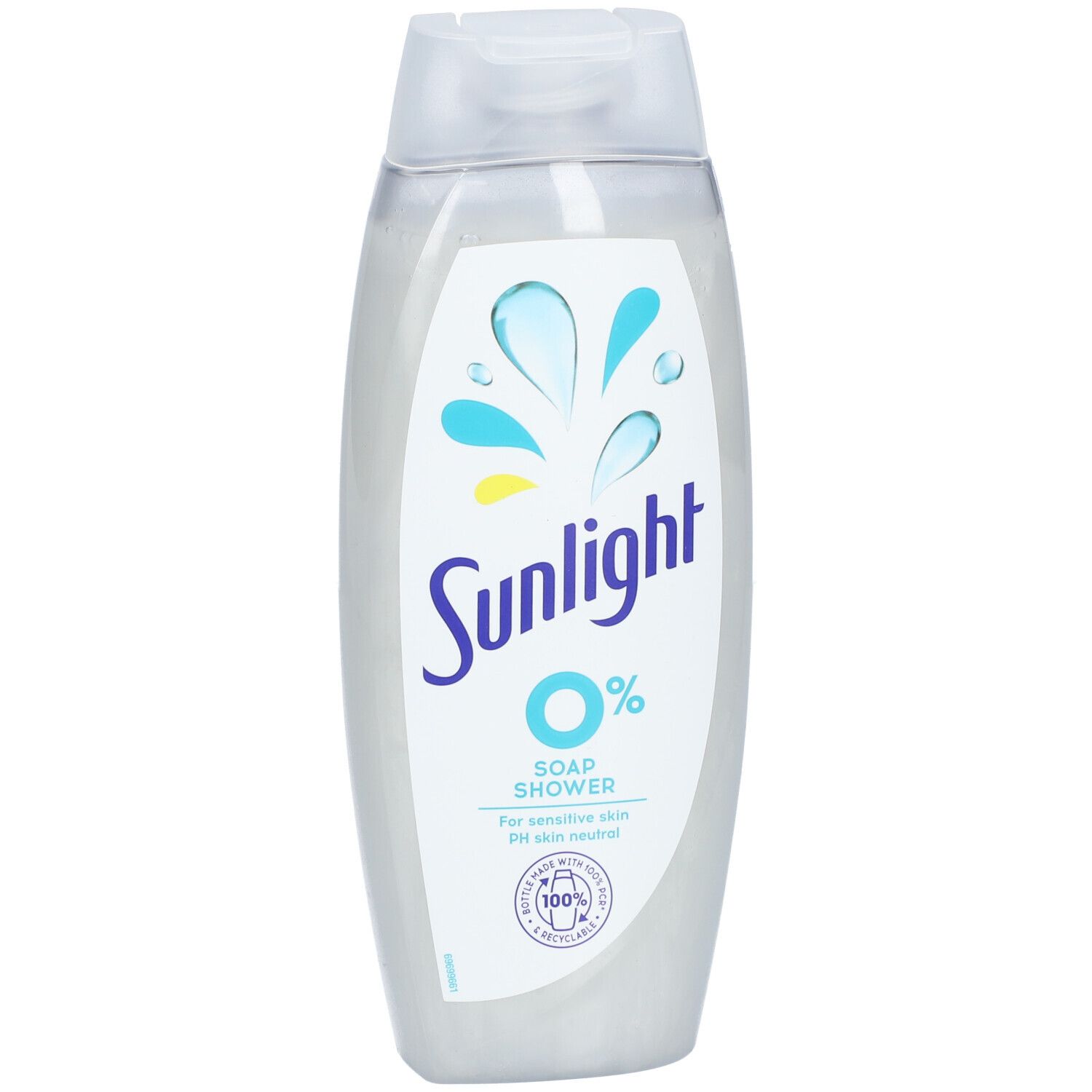 Flacon de gel douche Sunlight 0%. Bouteille blanc-transparent avec logo bleu et jaune. "0%" et "Soap Shower" visibles.