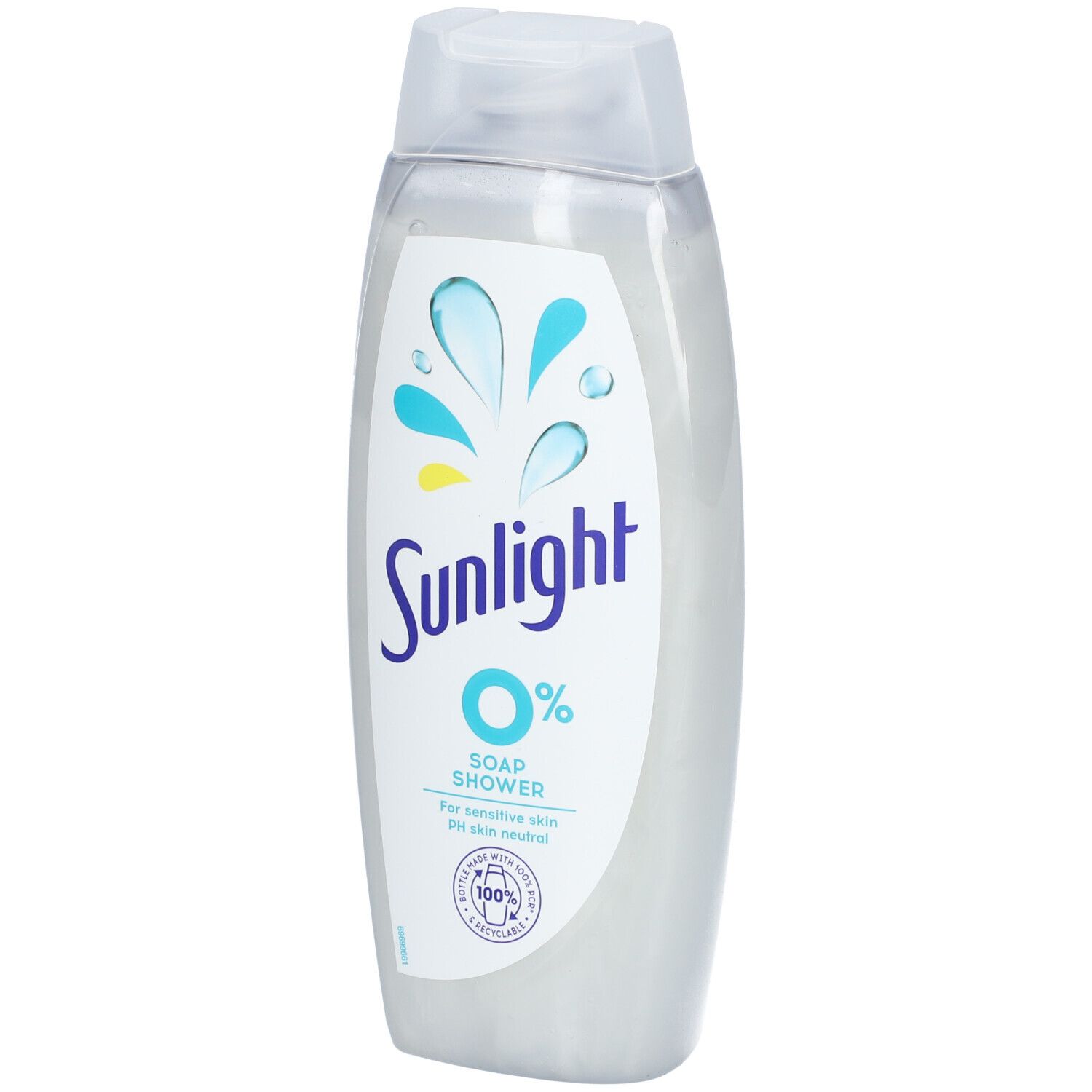 Flacon de gel douche Sunlight 0%. Bouteille blanc-transparent avec logo bleu et jaune. "0%" et "Soap Shower" visibles.