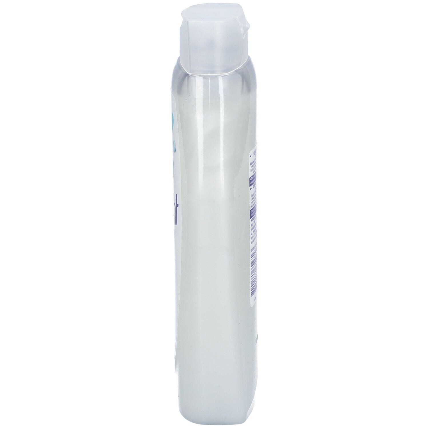 Vue latérale du flacon de gel douche Sunlight 0%. Bouteille transparente et allongée avec bouchon blanc. Étiquette avec texte.