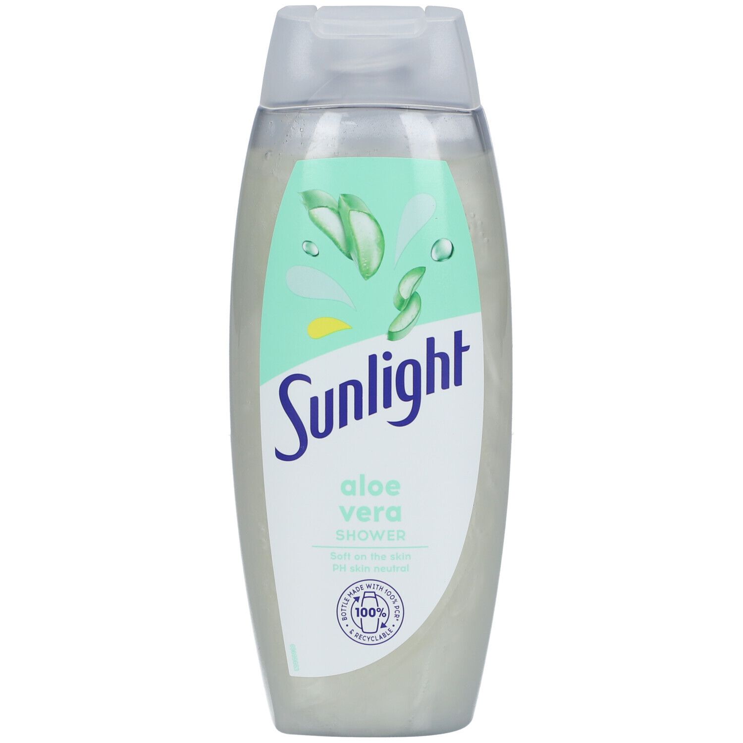 Flacon de douche Sunlight Aloe Vera. Emballage blanc et vert avec motif aloe vera. Inscription Sunlight et Aloe Vera. 100% recyclable.