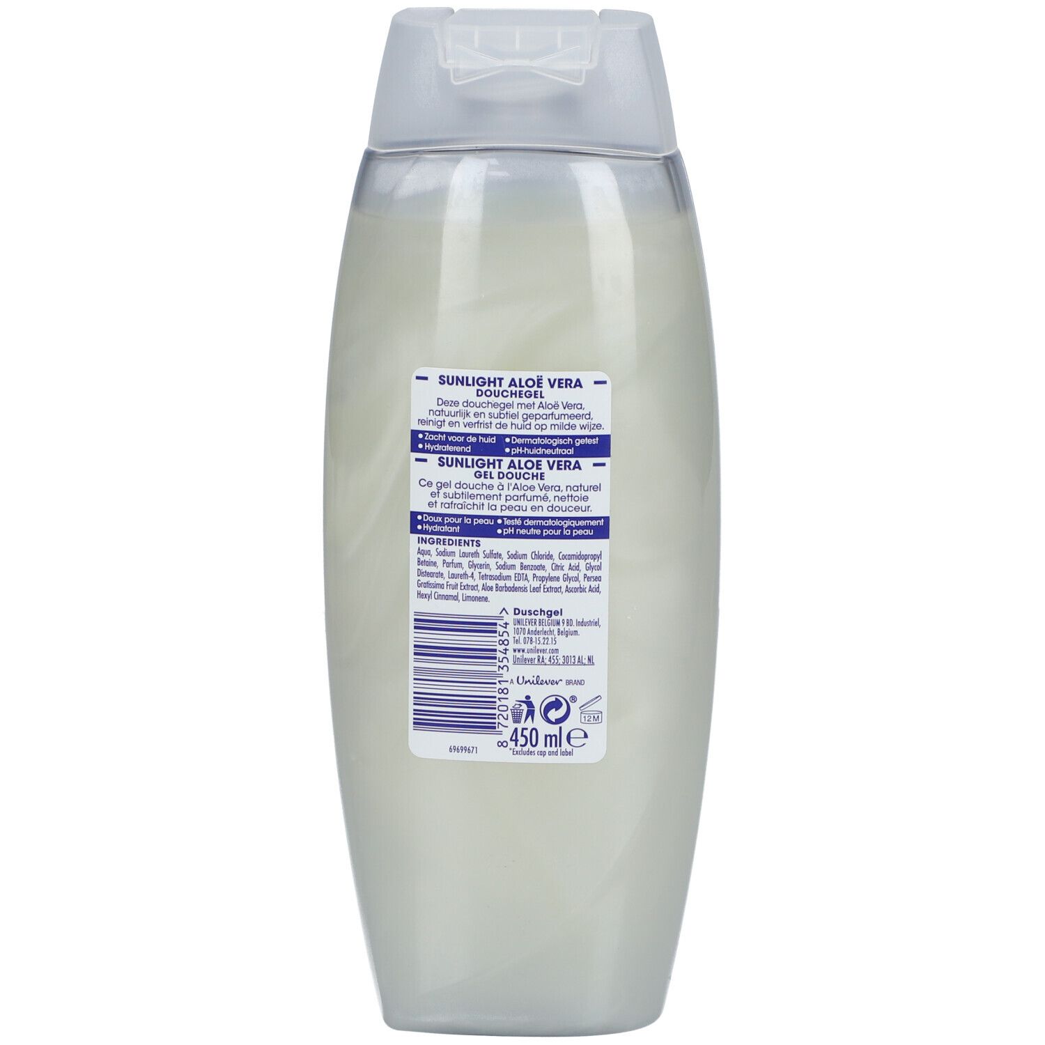Dos du flacon de douche Sunlight Aloe Vera. Informations textuelles et code-barres. Volume : 450 ml. Informations du fabricant.