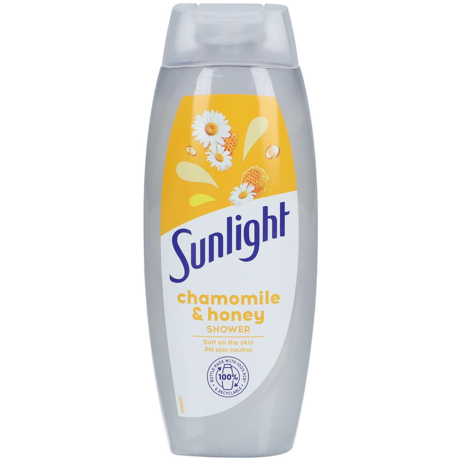 Flacon de gel douche Sunlight, camomille et miel. Étiquette jaune avec fleurs de camomille et gouttes de miel.