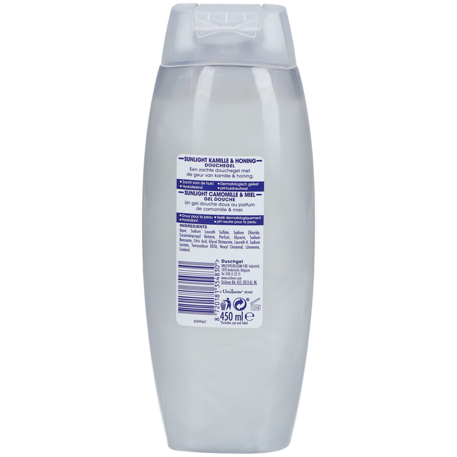 Dos du flacon de gel douche. Texte multilingue. Contient des informations sur les ingrédients et le fabricant.