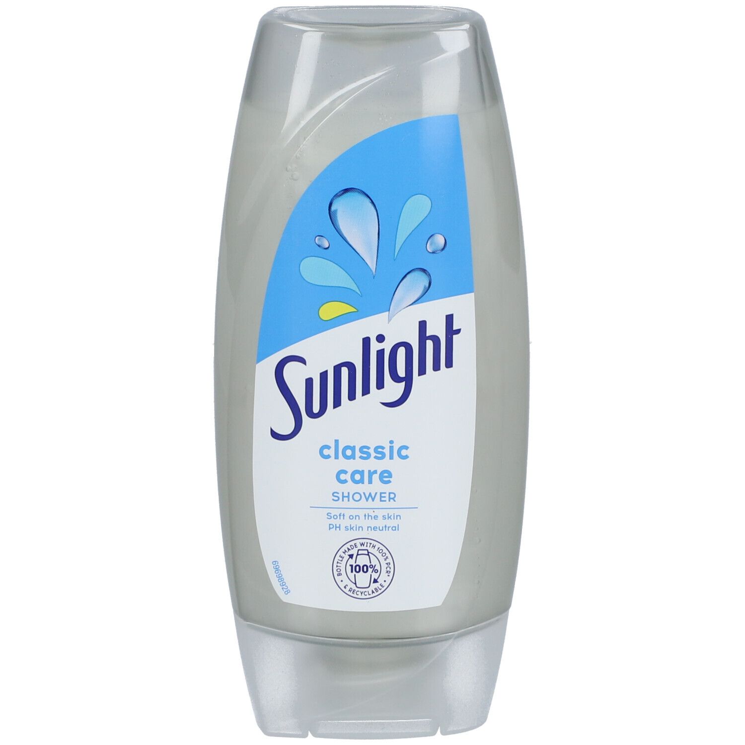 Flacon de douche Sunlight Classic Care. Flacon ovale gris clair avec étiquette bleue. Comprend un motif de gouttes d'eau et du texte.