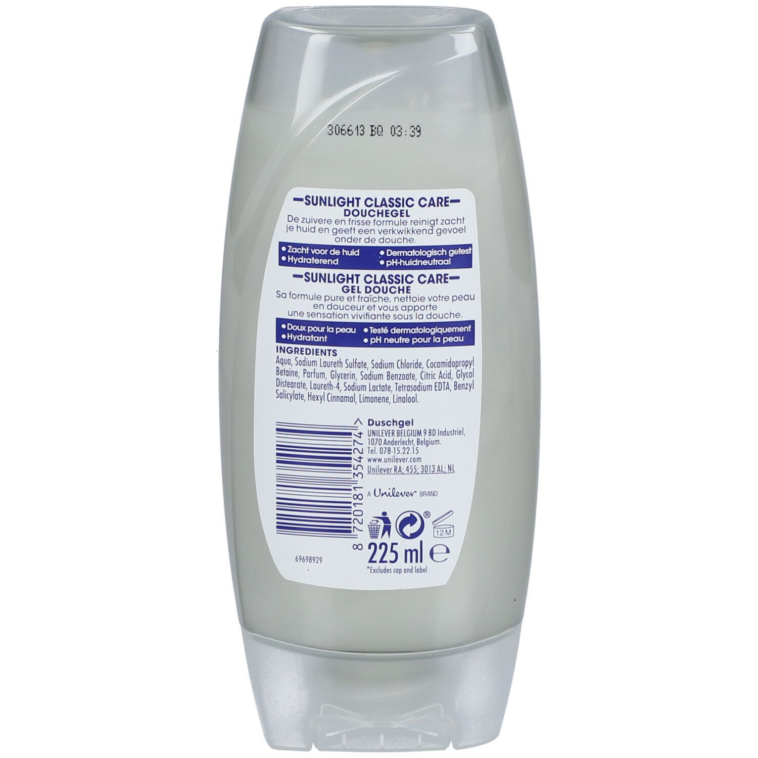Dos du flacon de gel douche Sunlight Classic Care. Contient du texte avec ingrédients et indication de volume : 225 ml.
