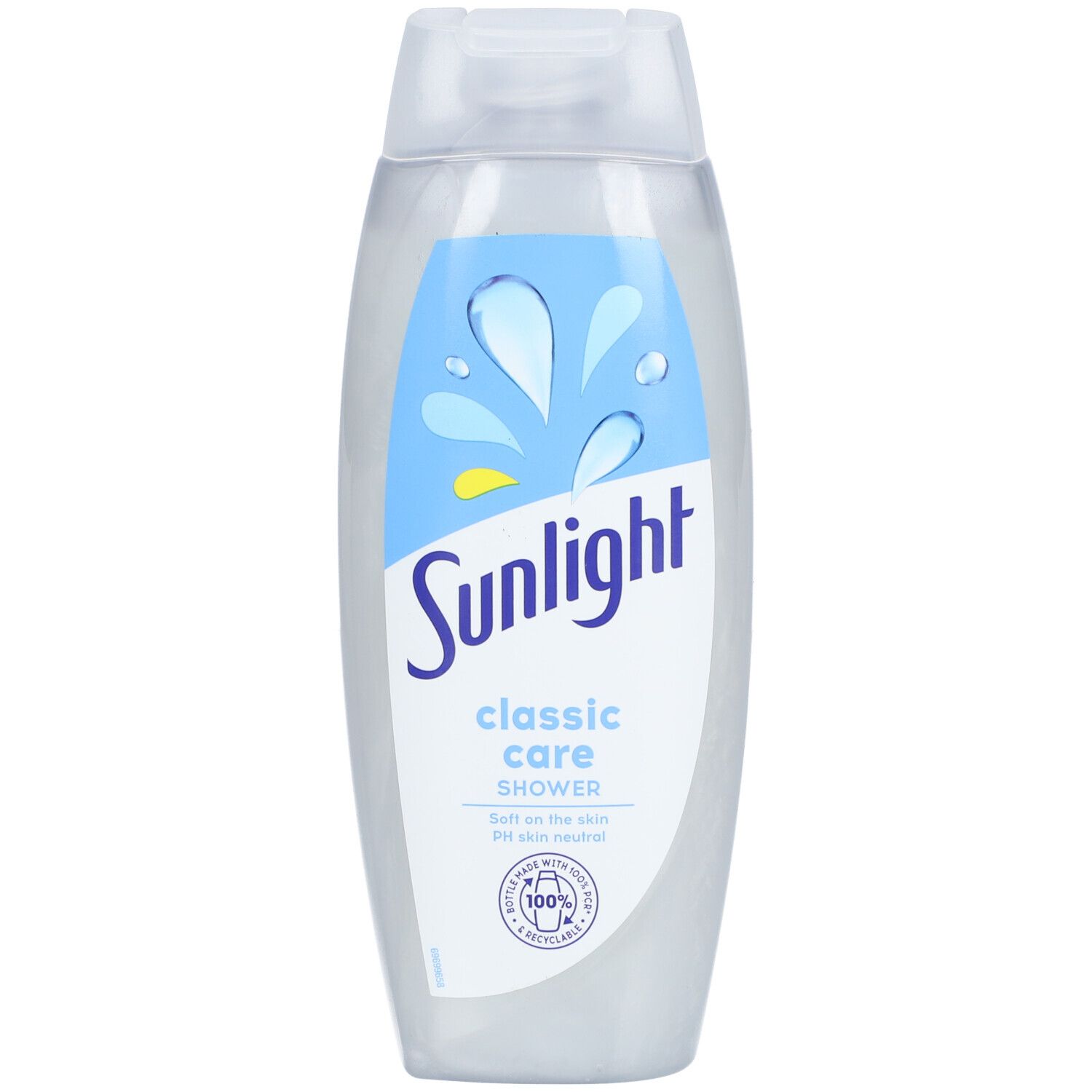 Sunlight Classic Care Shower. Bouteille transparente avec étiquette bleue. Graphique de gouttes d'eau et texte.