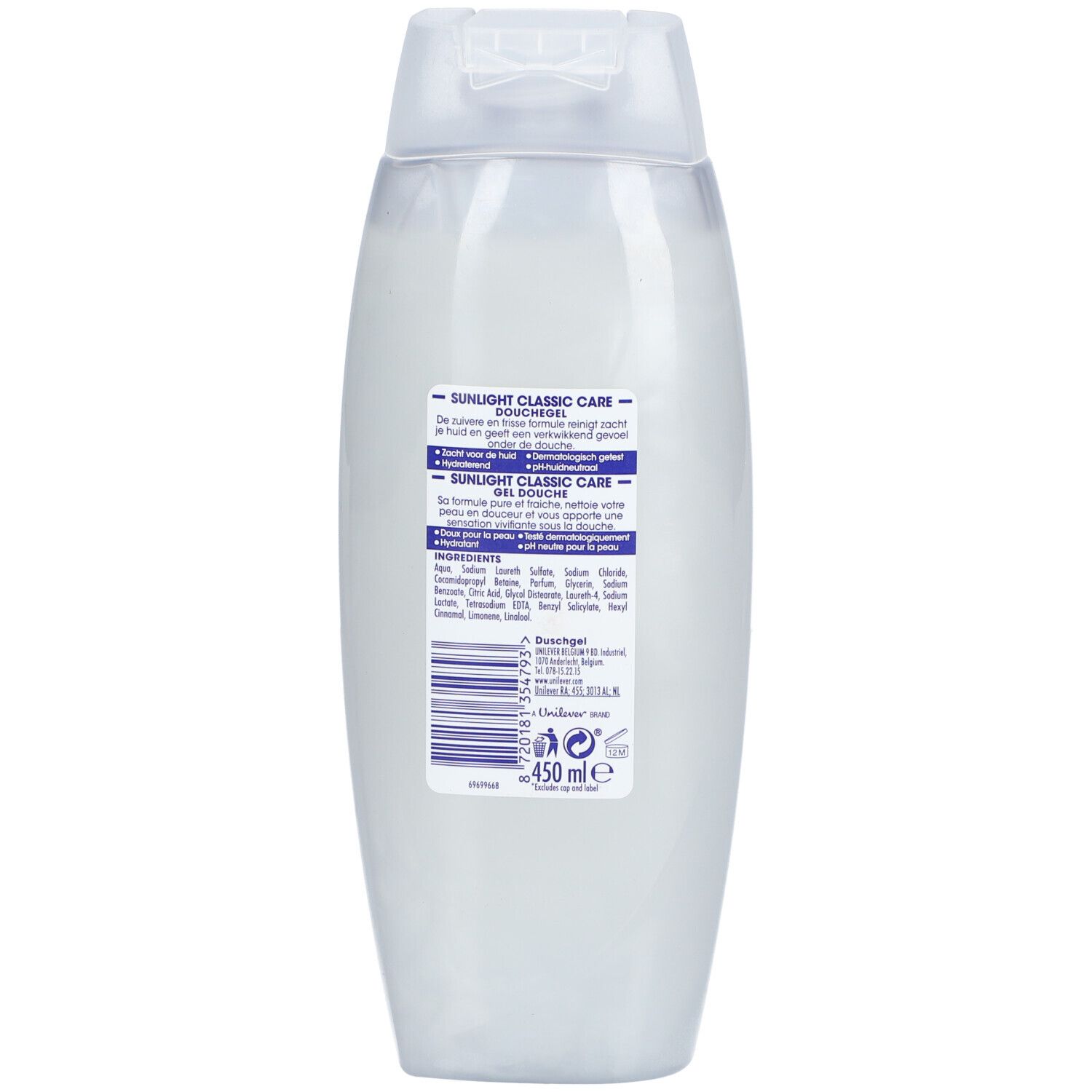 Dos de la bouteille Sunlight Classic Care Shower. Contient du texte, une liste d'ingrédients et le volume: 450 ml.