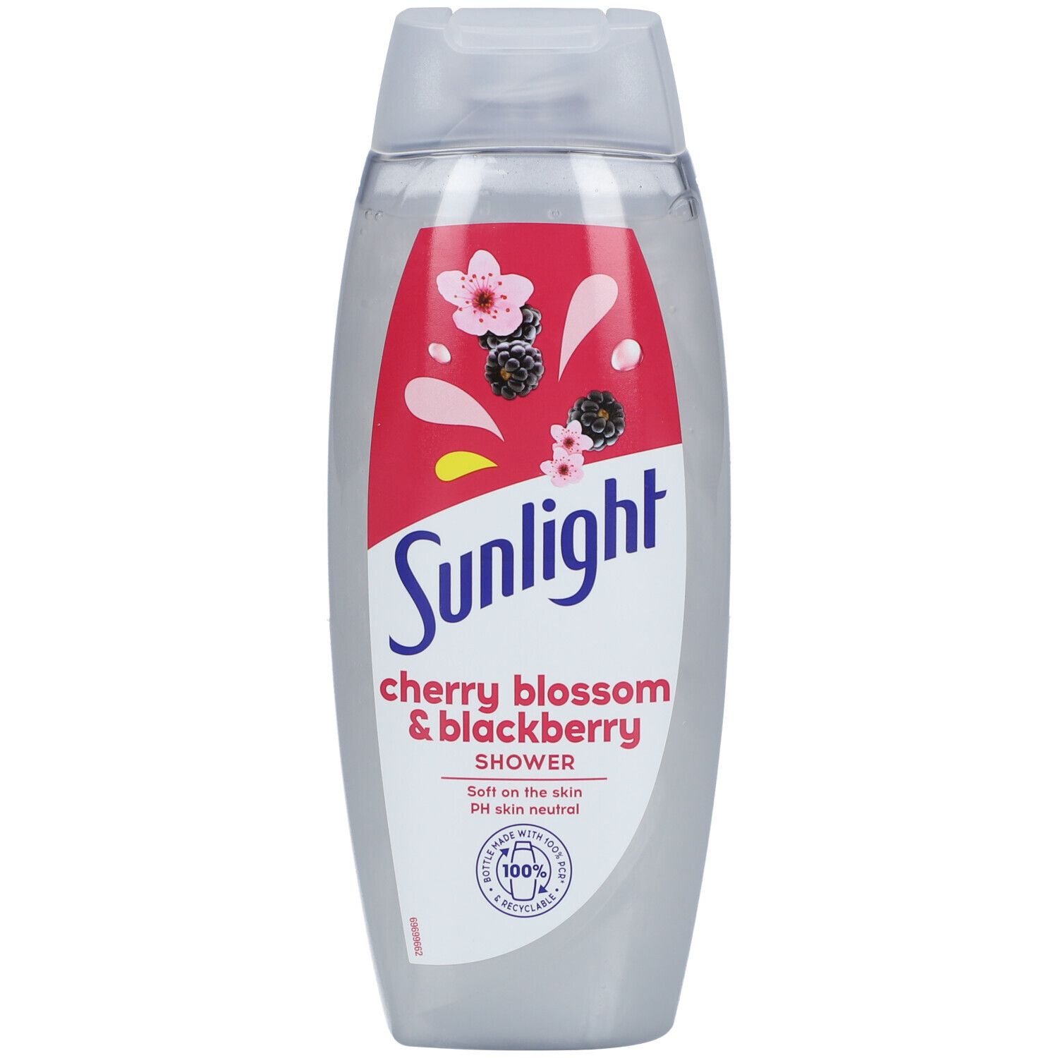 Gel douche Sunlight, fleur de cerisier et mûre. Bouteille transparente avec étiquette rouge, fleurs et baies.