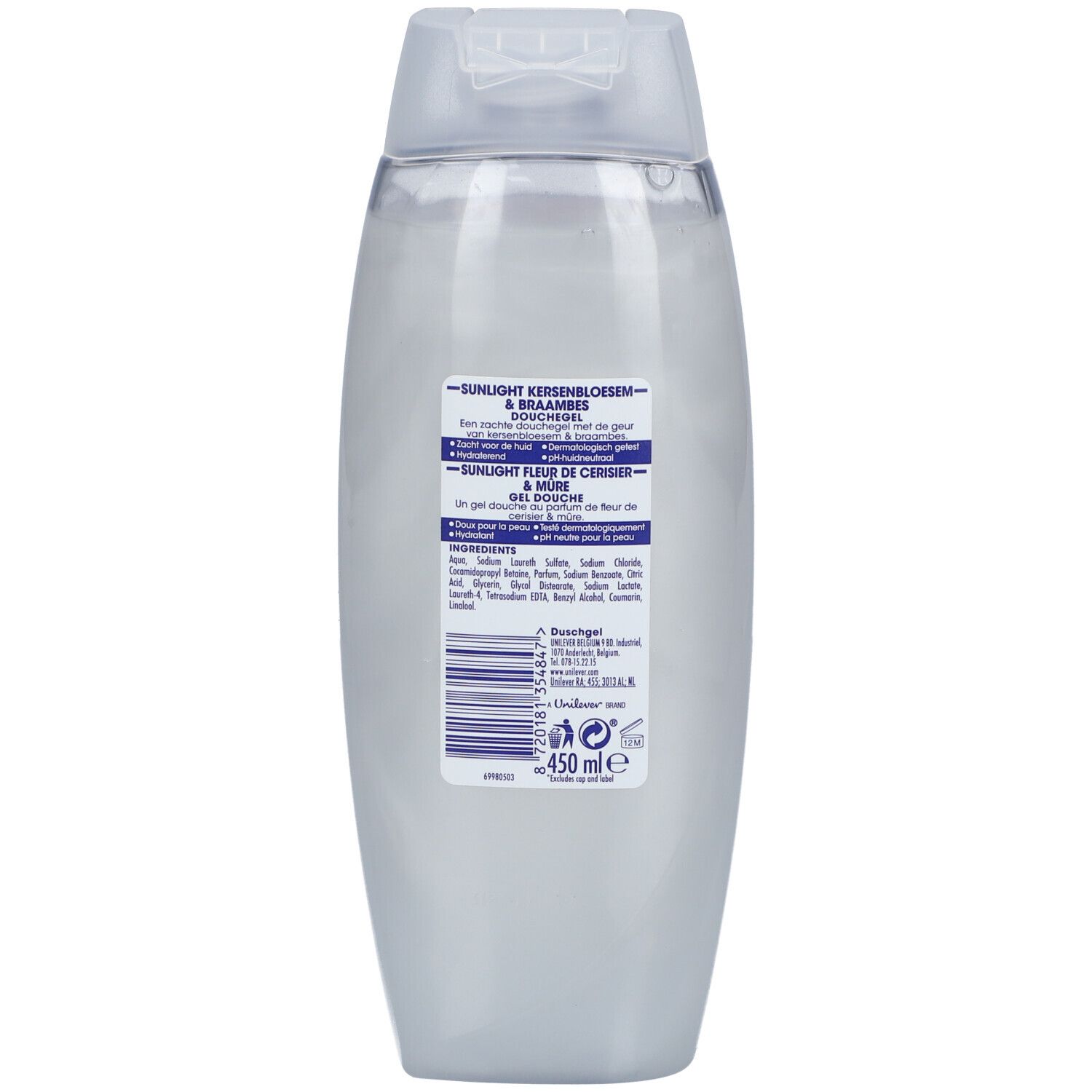 Dos de la bouteille de gel douche Sunlight. Contient des informations sur le produit et les ingrédients. 450 ml.