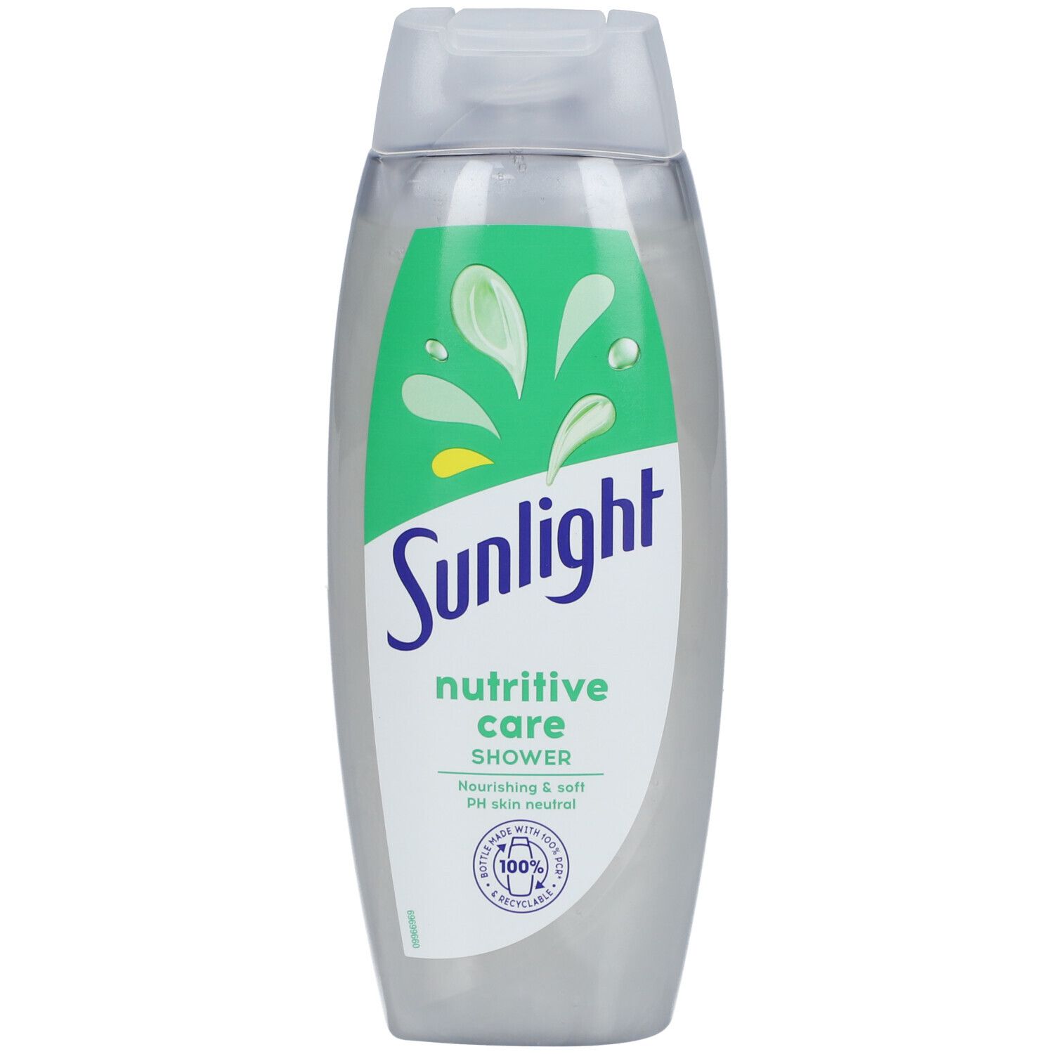 Flacon gris avec étiquette verte. Inscription Sunlight nutritive care shower. 100% recyclable.