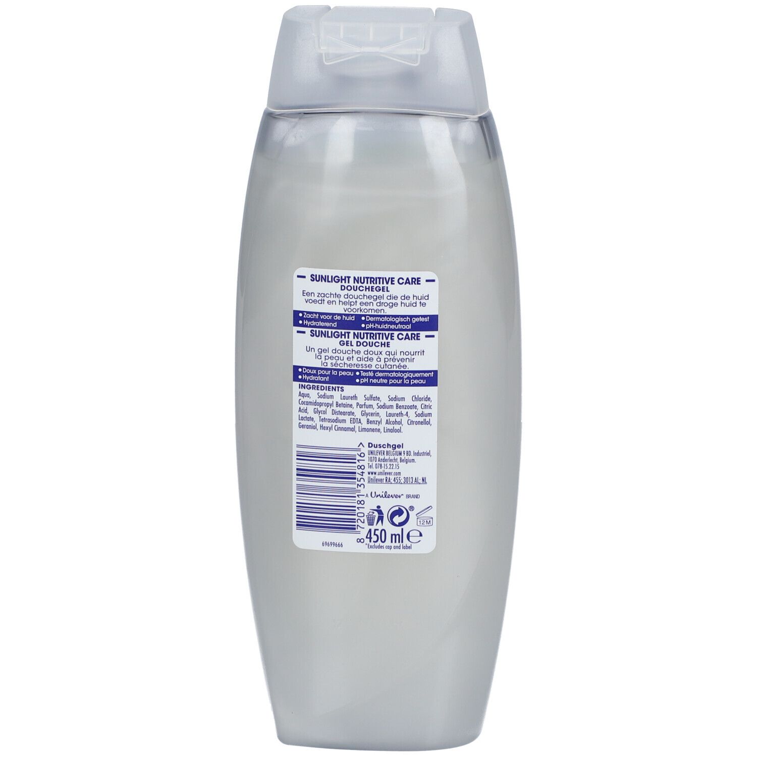 Dos d'un flacon gris. Texte Sunlight nutritive care shower. Ingrédients et code-barres visibles.