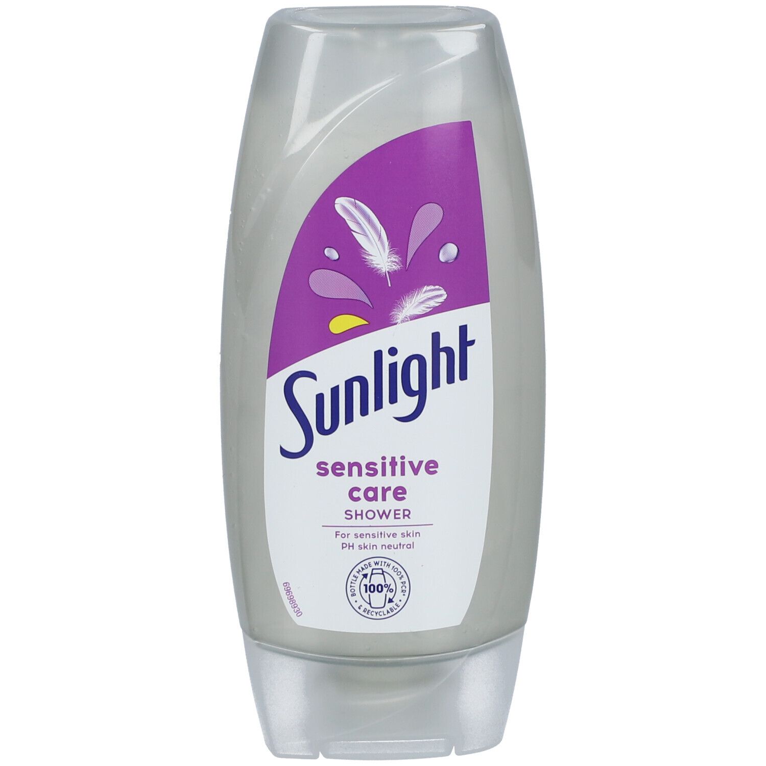 Flacon de Sunlight Sensitive Care Shower. Flacon blanc-gris avec étiquette violette. Symbole de plumes et texte.