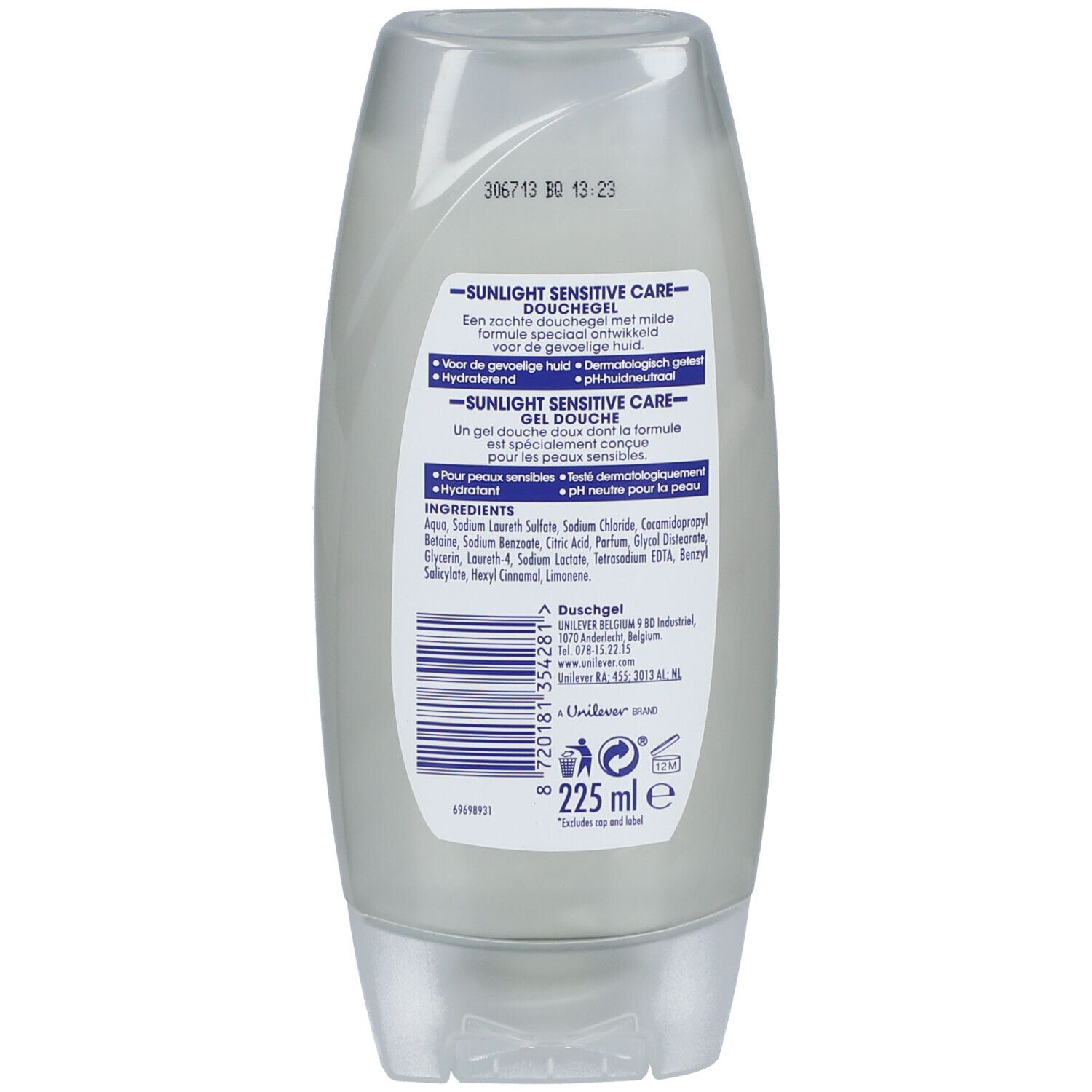 Dos du flacon Sunlight Sensitive Care Shower. Contient du texte en plusieurs langues et des ingrédients.