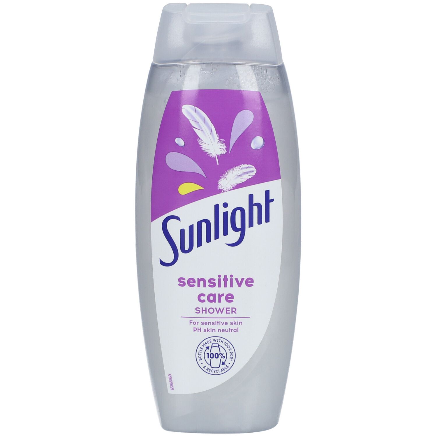 Flacon Sunlight Sensitive Care Shower. Étiquette violette avec plumes. Inscription Sunlight, sensitive care, shower. Pour peaux sensibles.