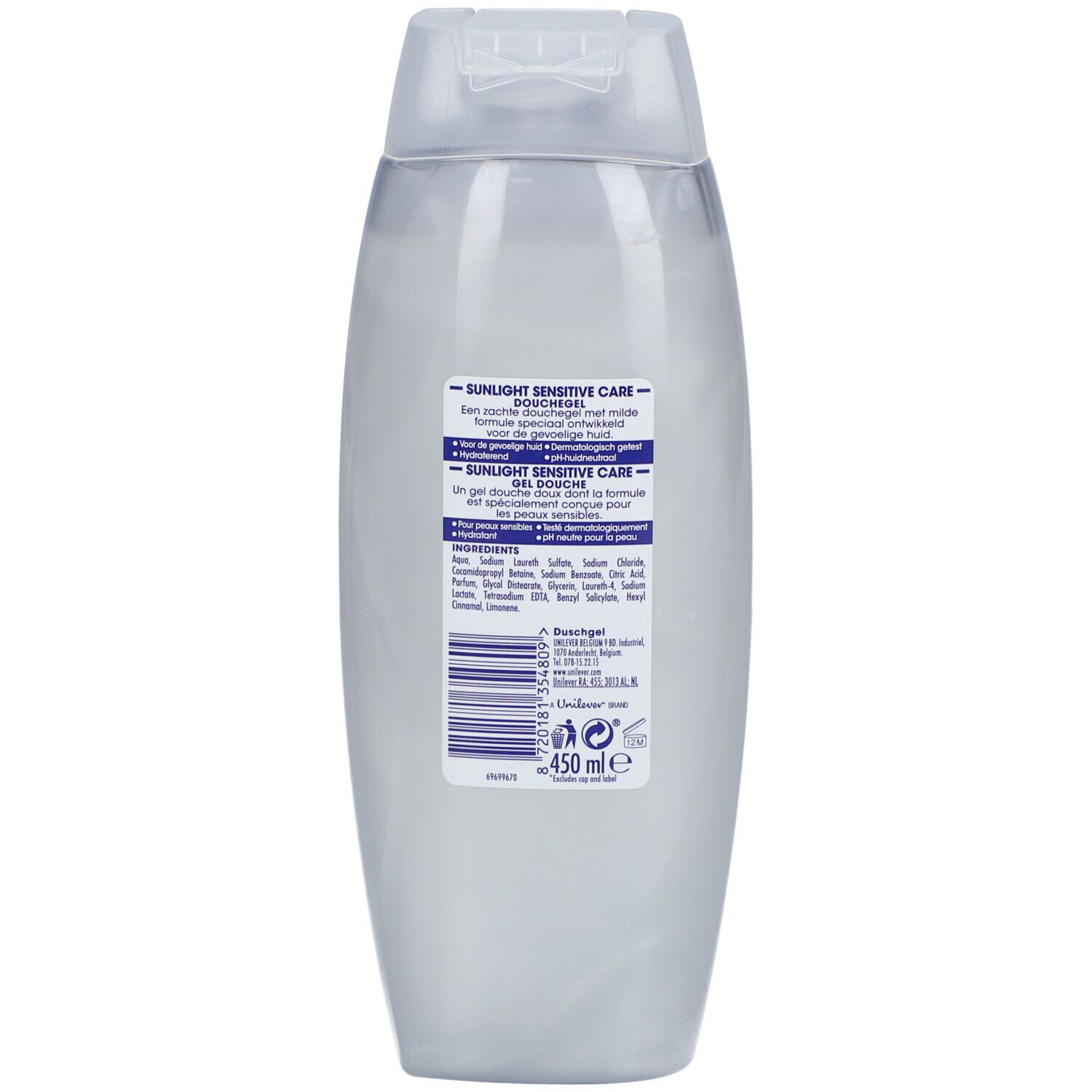 Dos du flacon Sunlight Sensitive Care Shower. Texte en allemand et français. Ingrédients et code-barres. 450 ml.
