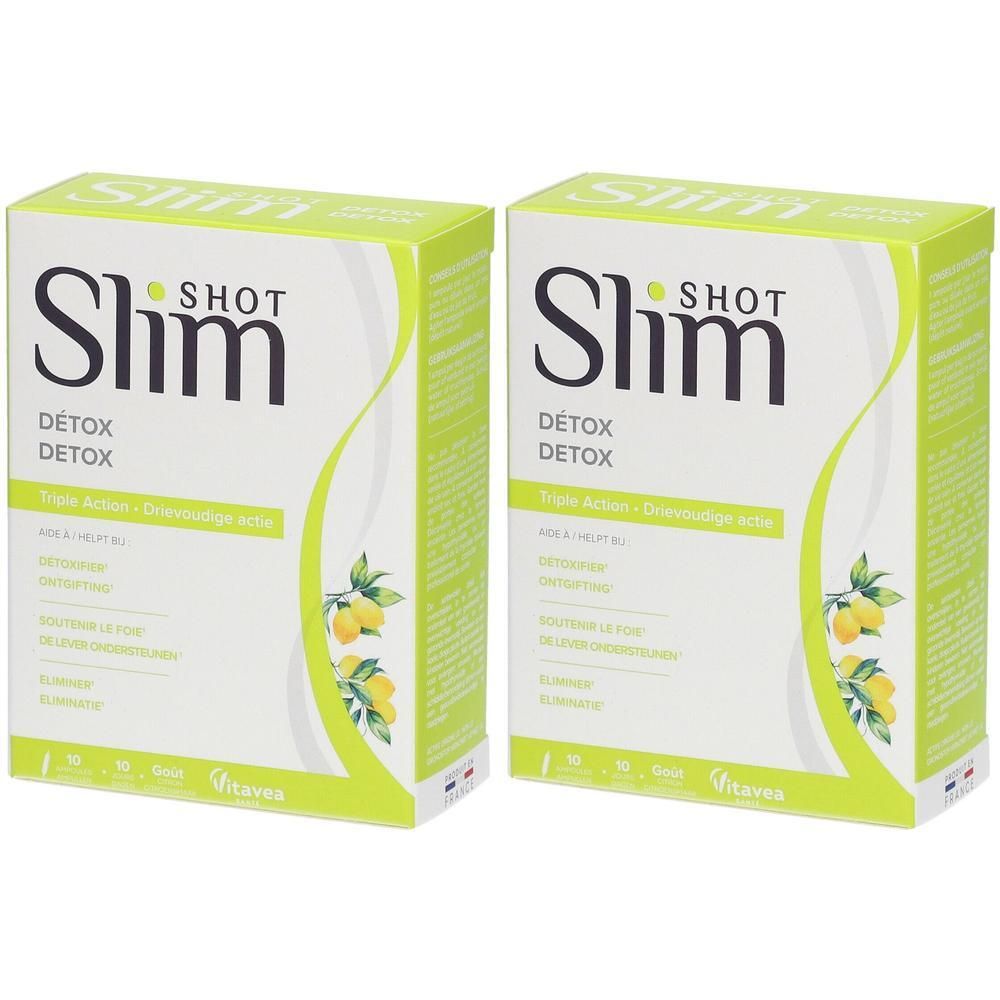 Deux boîtes Slim Shot Détox. Emballage blanc et vert avec nom du produit et informations. Des citrons sont représentés.