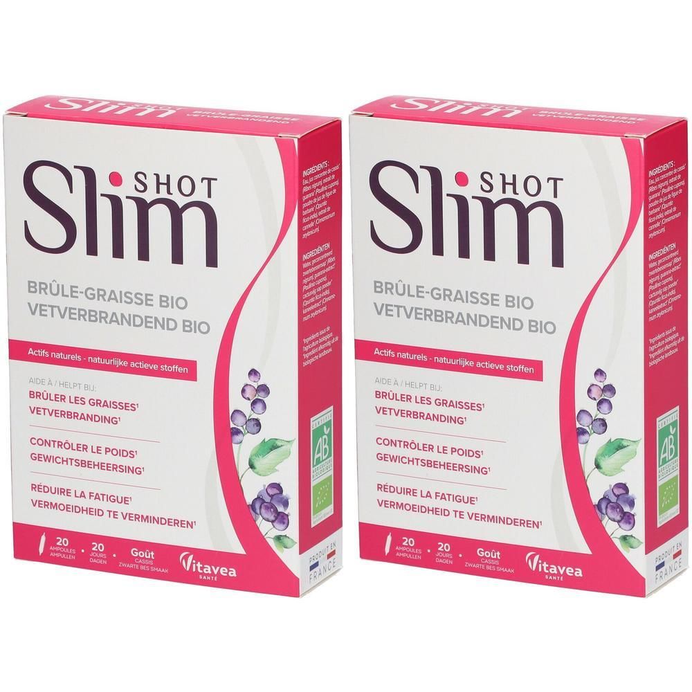 Deux boîtes de Slimshot. Inscription: Brûle-Graisse Bio. Avec label AB Bio. Contient 20 sachets. Logo Vitavea.