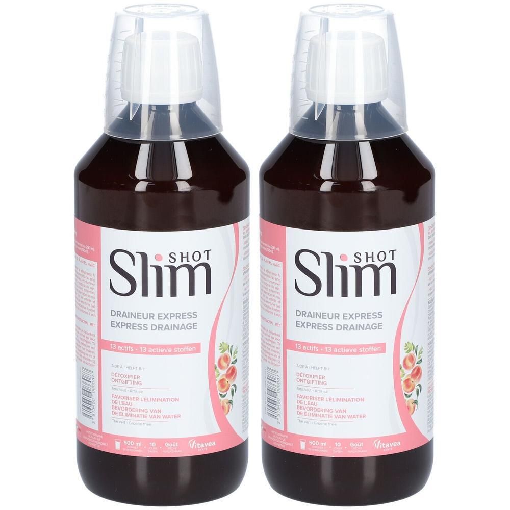 Deux flacons de liquide. Inscription Slim Shot, Draineur Express. Avec gobelet doseur. Étiquettes roses et blanches.