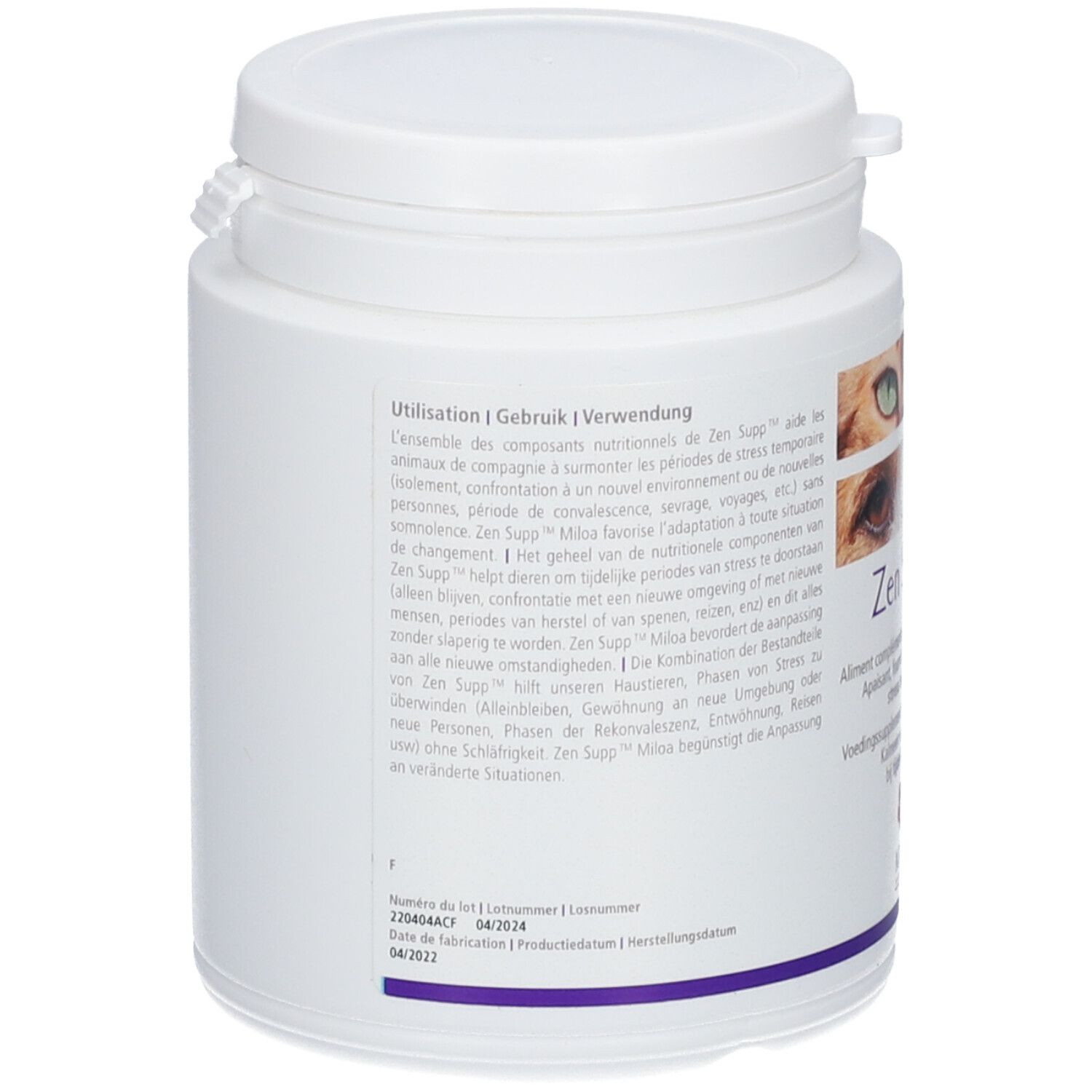 Dos du pot blanc. Texte en plusieurs langues. Inscription : Zen Supp™. Détails d'utilisation.