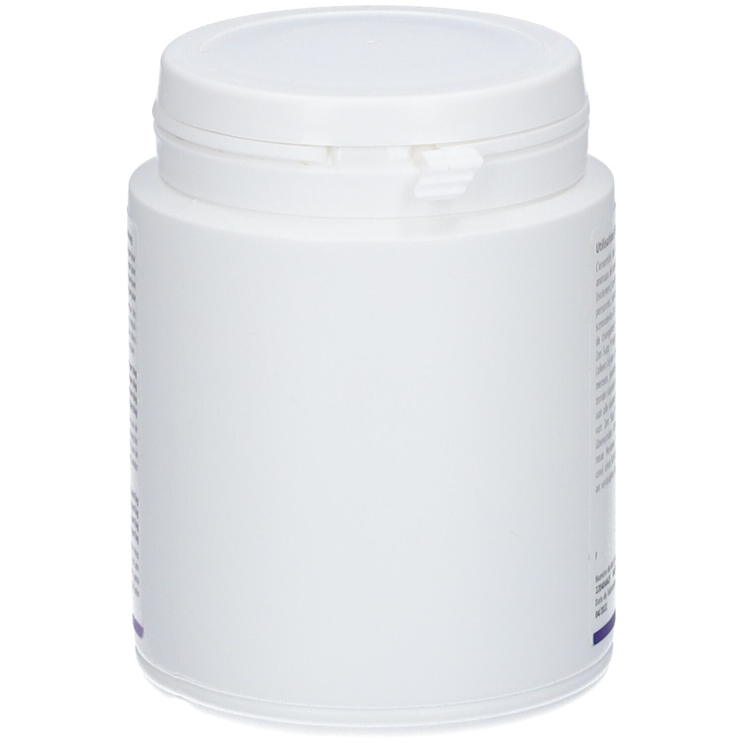 Pot blanc avec couvercle. Vue latérale. Aucune inscription visible.