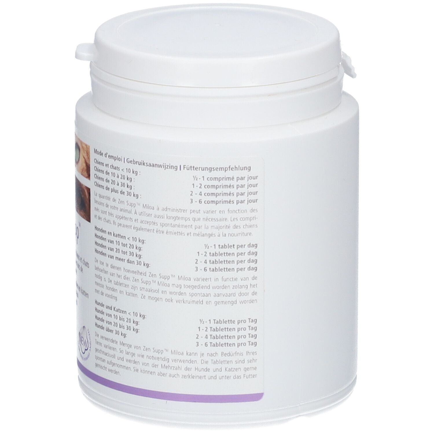 Pot blanc avec couvercle. Texte en plusieurs langues. Recommandations de dosage pour chiens et chats.