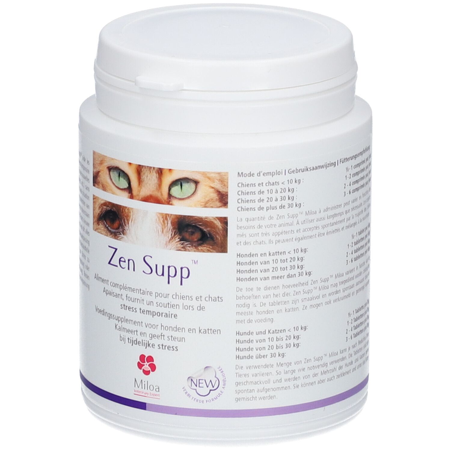 Pot blanc avec couvercle. Inscription : Zen Supp™. Image d'yeux de chat. Texte en plusieurs langues.