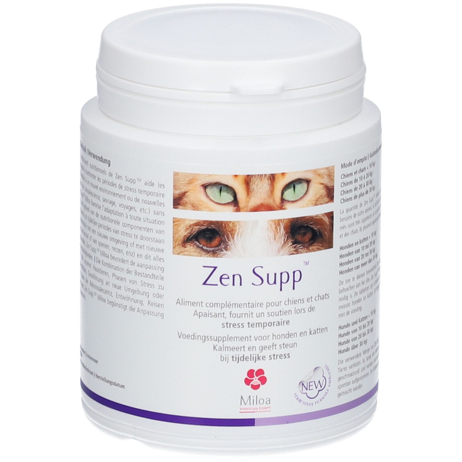 Pot blanc avec couvercle. Inscription : Zen Supp™. Image d'yeux de chat. Texte en plusieurs langues.