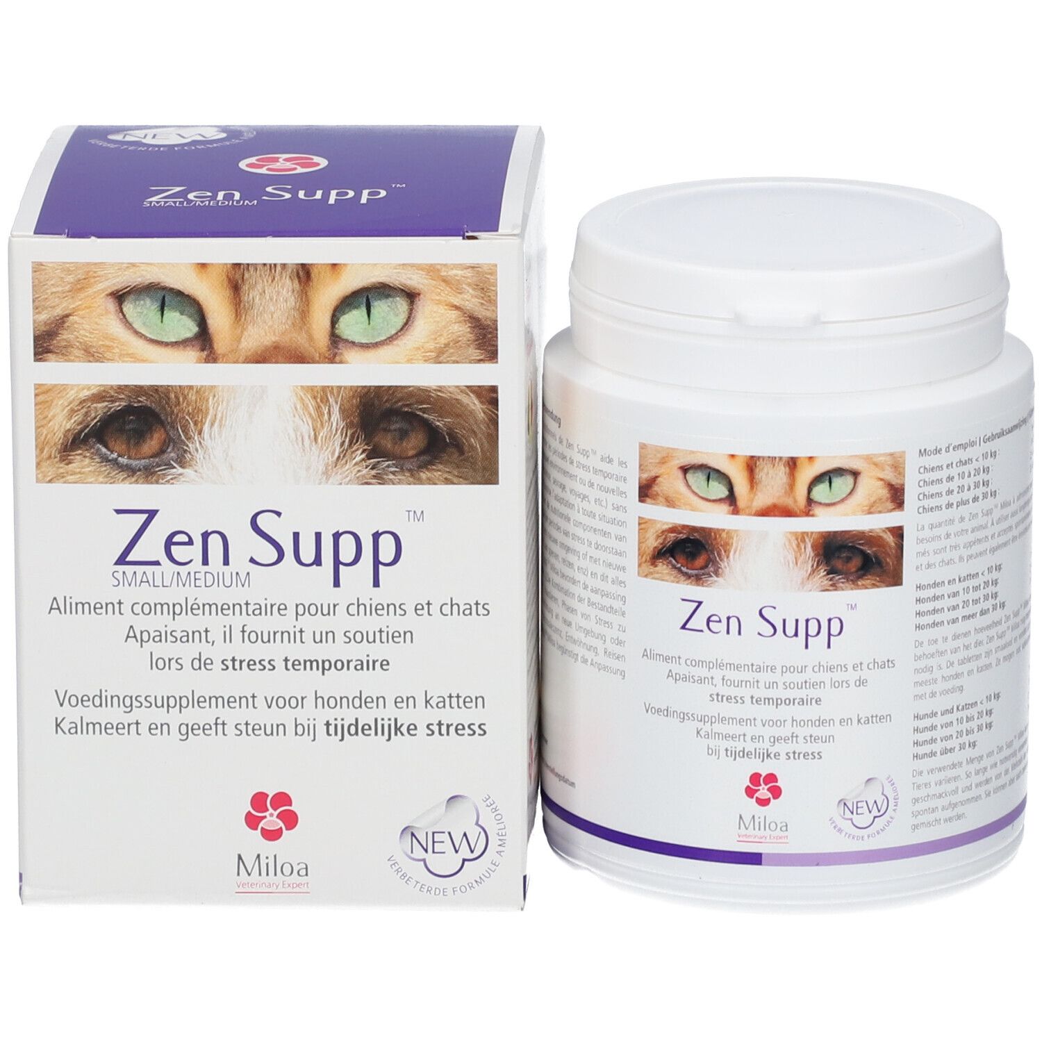 Pot blanc et boîte. Inscription : Zen Supp™. Image d'yeux de chat. Texte en plusieurs langues.