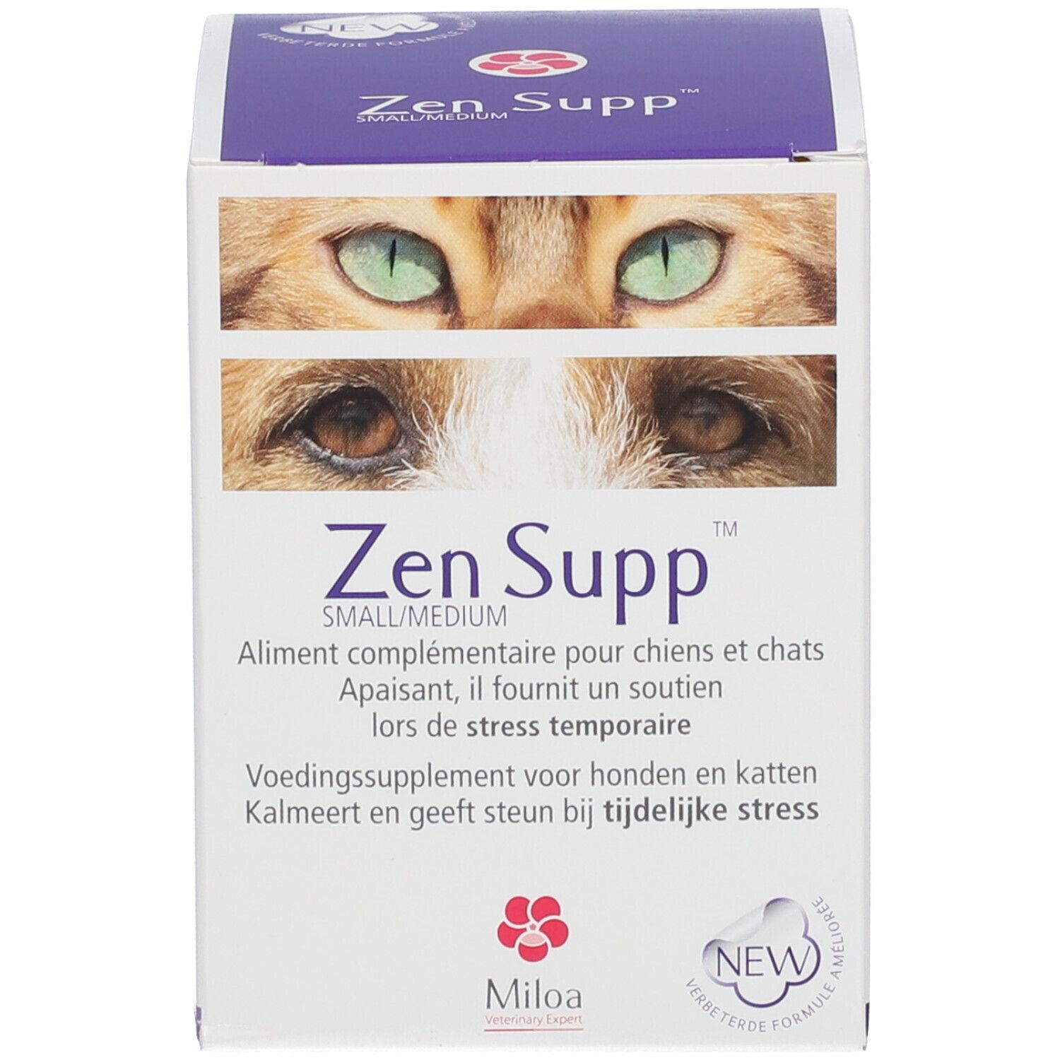 Boîte. Inscription : Zen Supp™. Image d'yeux de chat. Texte en plusieurs langues.