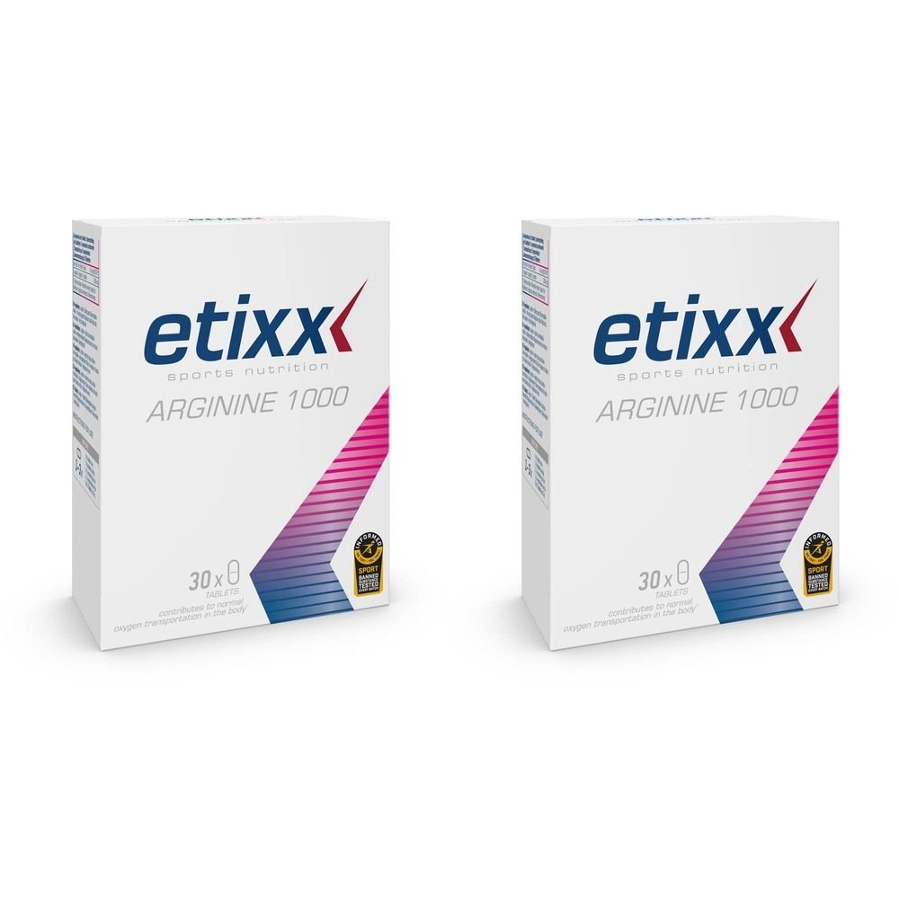Deux boîtes blanches avec "etixx SPORTS NUTRITION ARGININE 1000". Chaque boîte indique "30 x 0 comprimés".