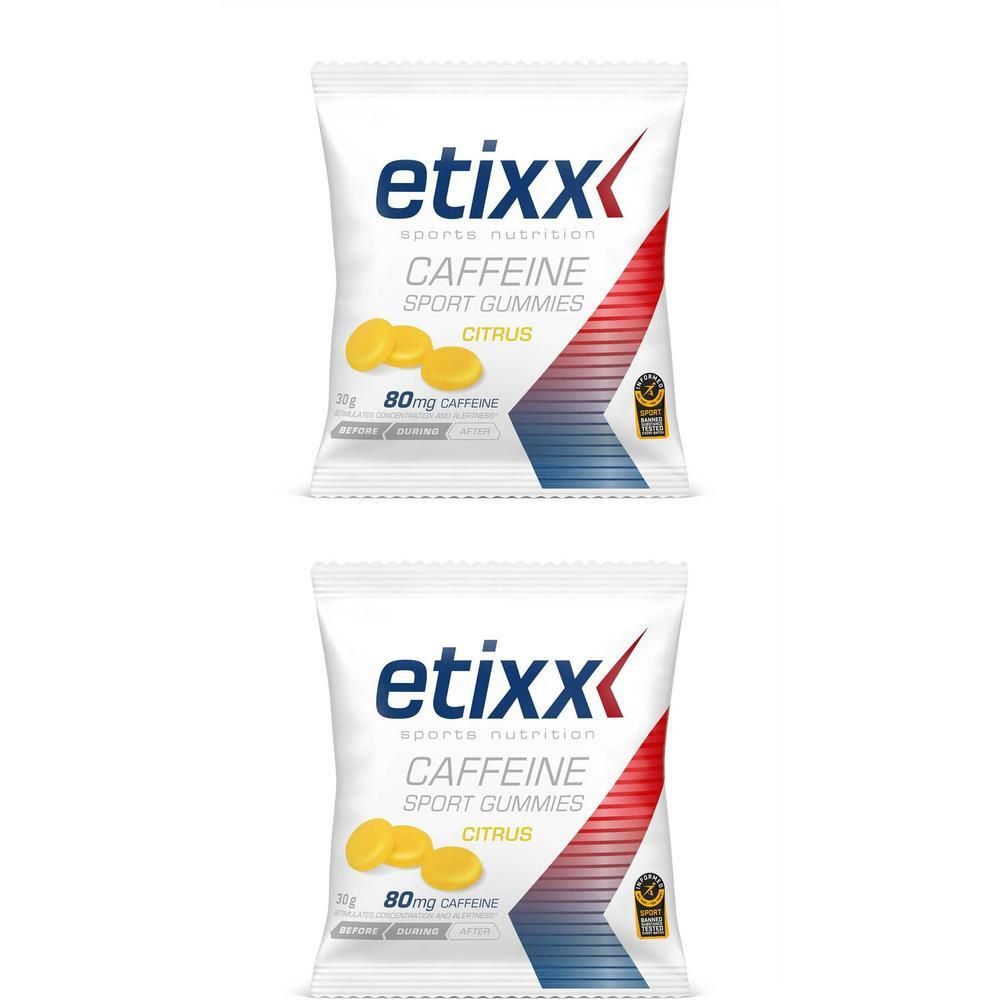 Deux sachets de Etixx Caffeine Sport Gummies. Sachet blanc avec nom du produit, image de bonbons gélifiés jaunes et indication 80mg caféine.