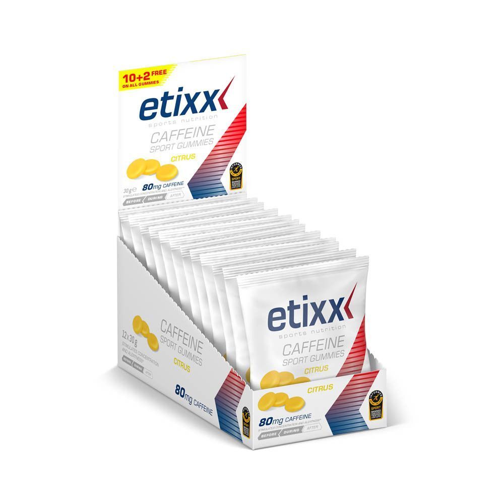 Etixx Caffeine Sport Gummies dans une boîte présentoir. Boîte blanche avec nom du produit et image de bonbons gélifiés. Impression 10+2 gratuits.